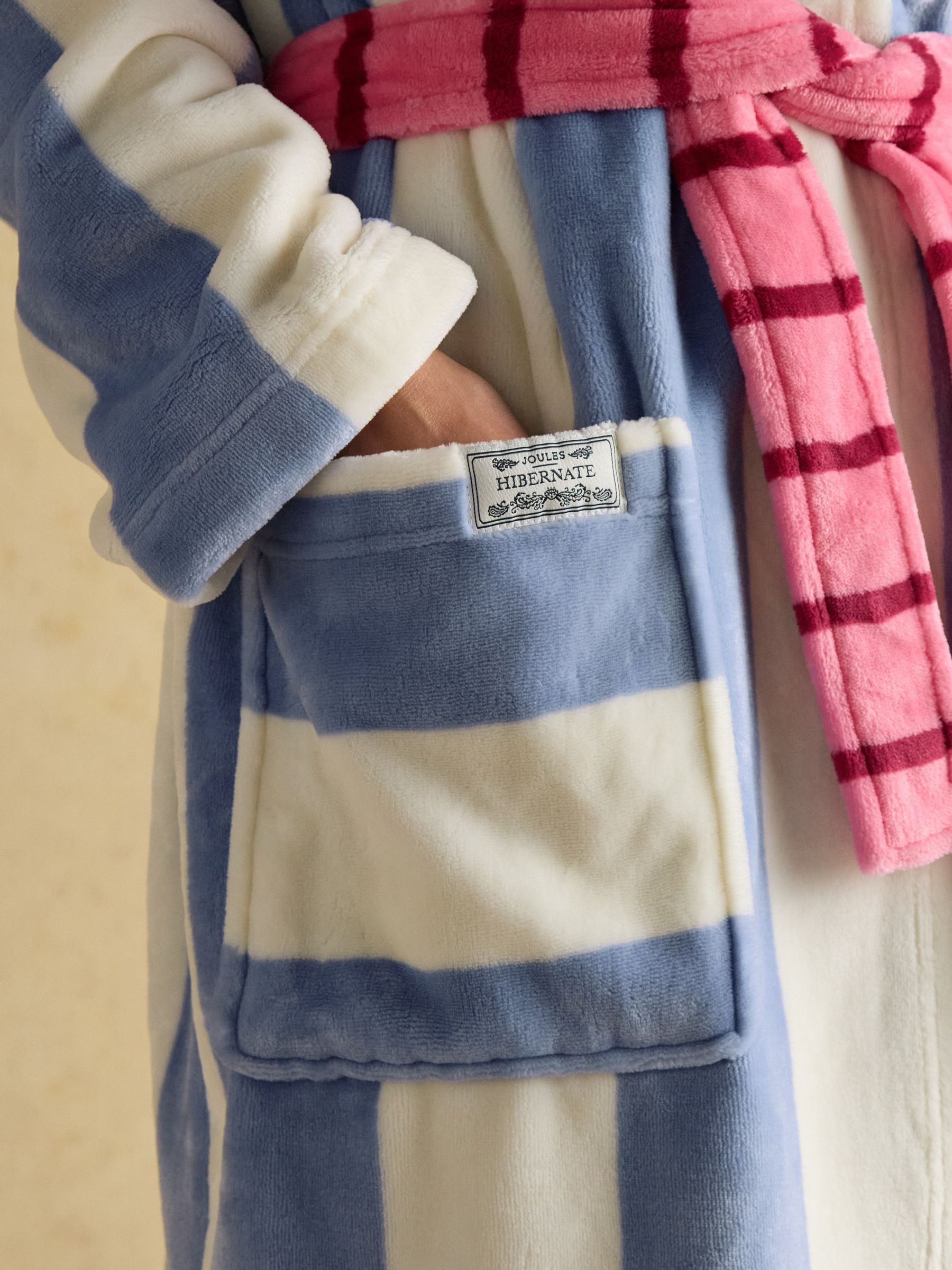 Luna Cream & Blue Stripe Fleece Dressing Gown with Hood - Image 6 of 8