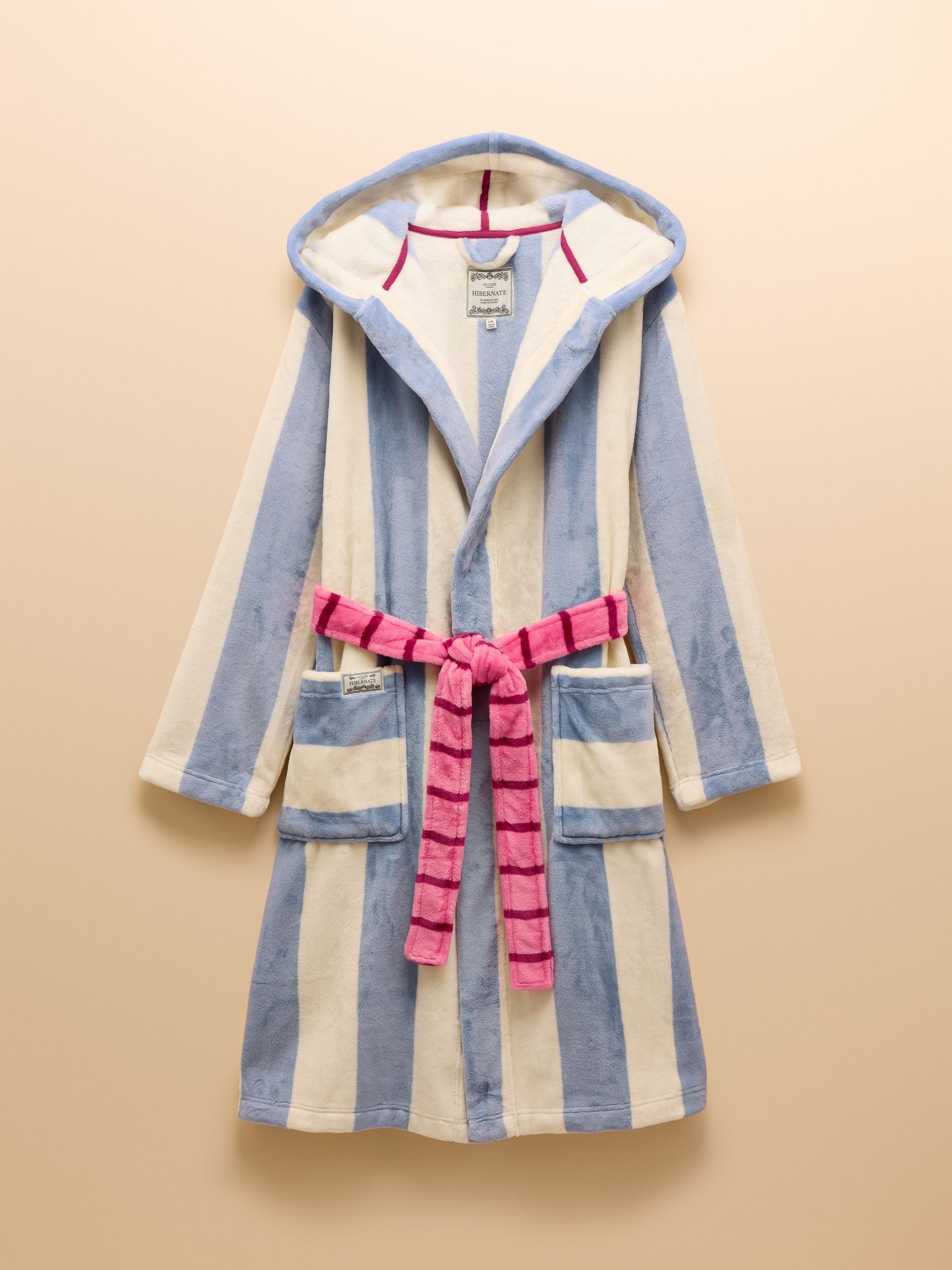 Luna Cream & Blue Stripe Fleece Dressing Gown with Hood - Image 8 of 8