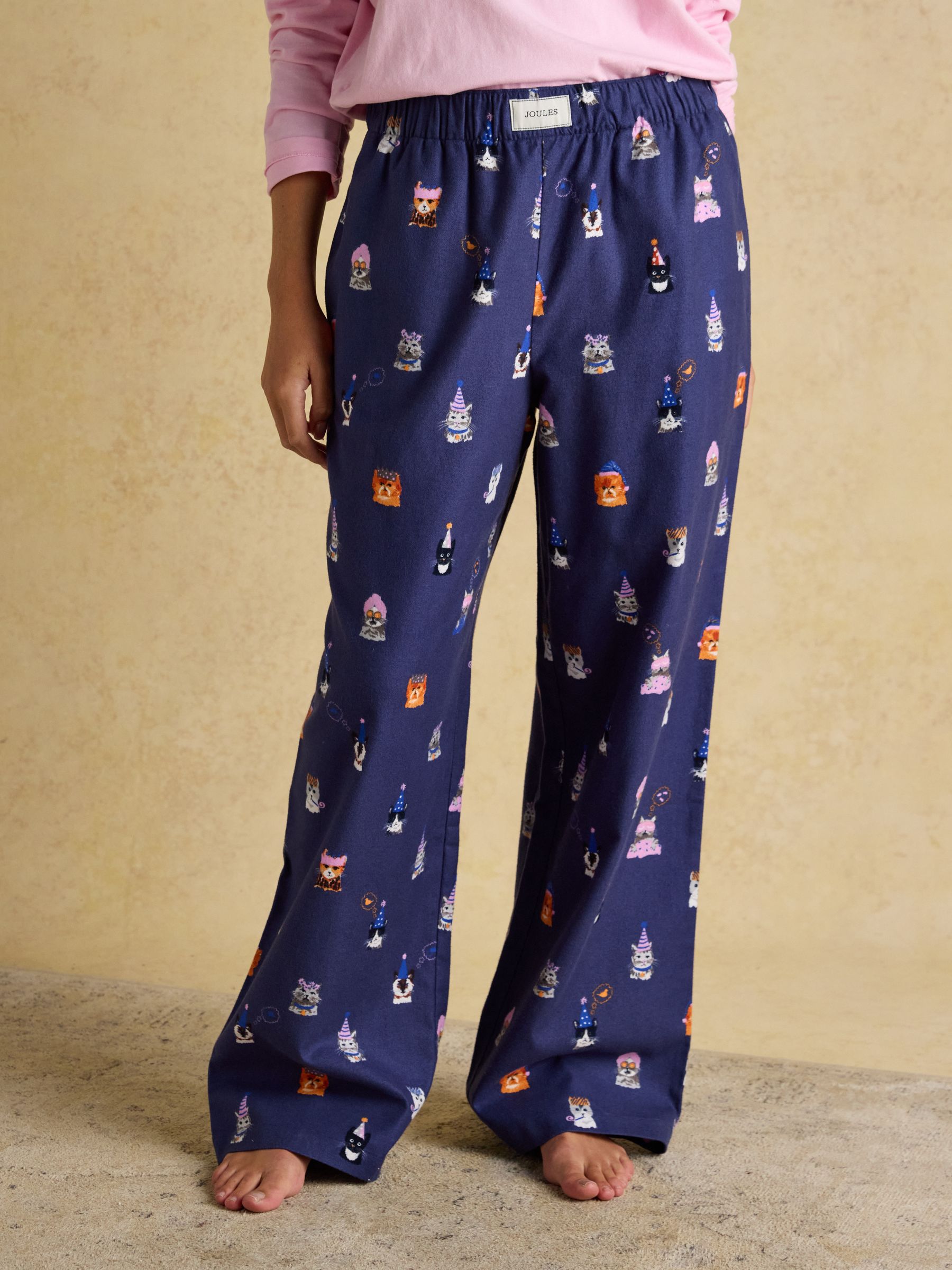 Stella Navy Party Cats Woven Brushed Cotton Pyjama Bottoms - Image 1 of 8 Stella Navy Party Cats Woven Brushed Cotton Pyjama Bottoms - Image 1 of 8