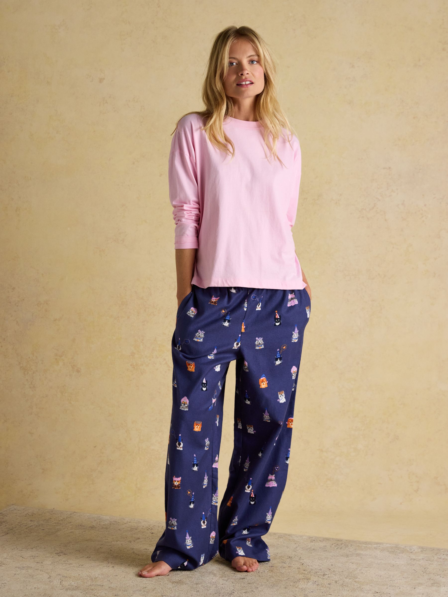 Stella Navy Party Cats Woven Brushed Cotton Pyjama Bottoms - Image 3 of 8