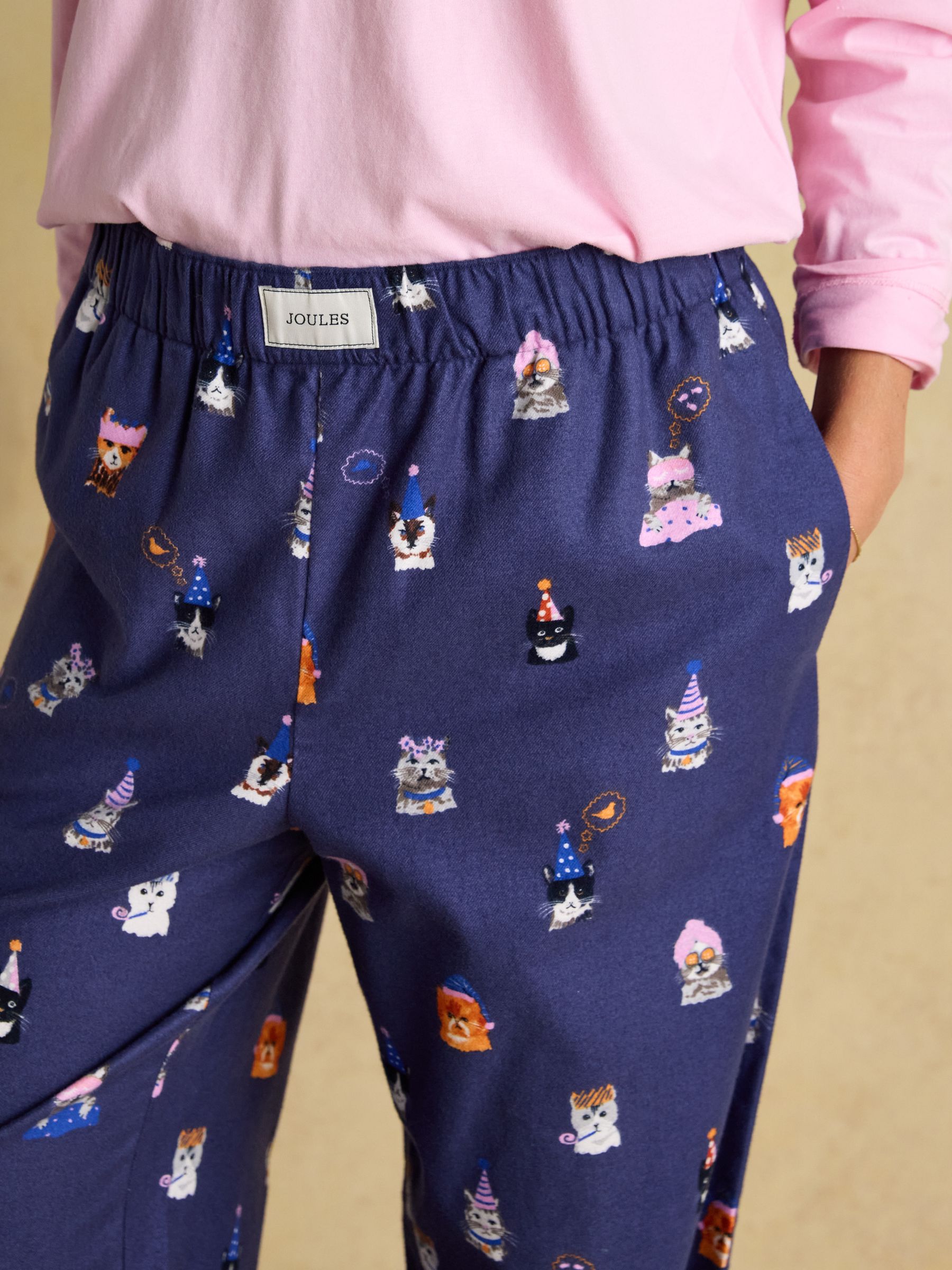Stella Navy Party Cats Woven Brushed Cotton Pyjama Bottoms - Image 4 of 8