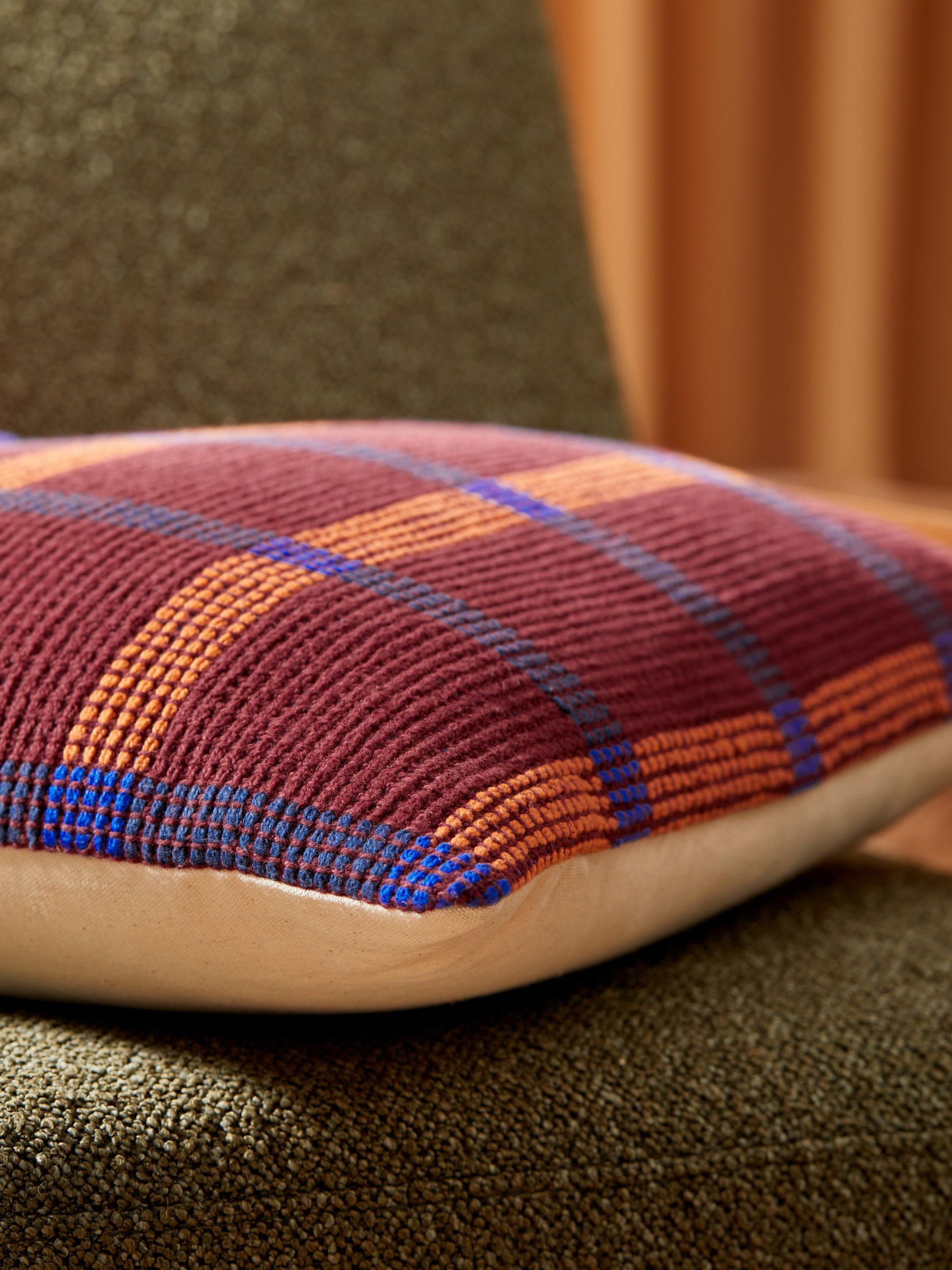 Textured Woven Cale Cotton Geo Cushion in Brown - Image 2 of 6