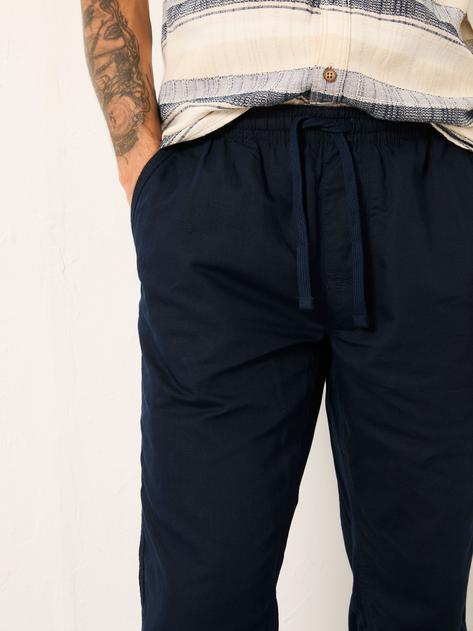 Navy Cotton Linen Straight Pull on Trousers - Image 3 of 6