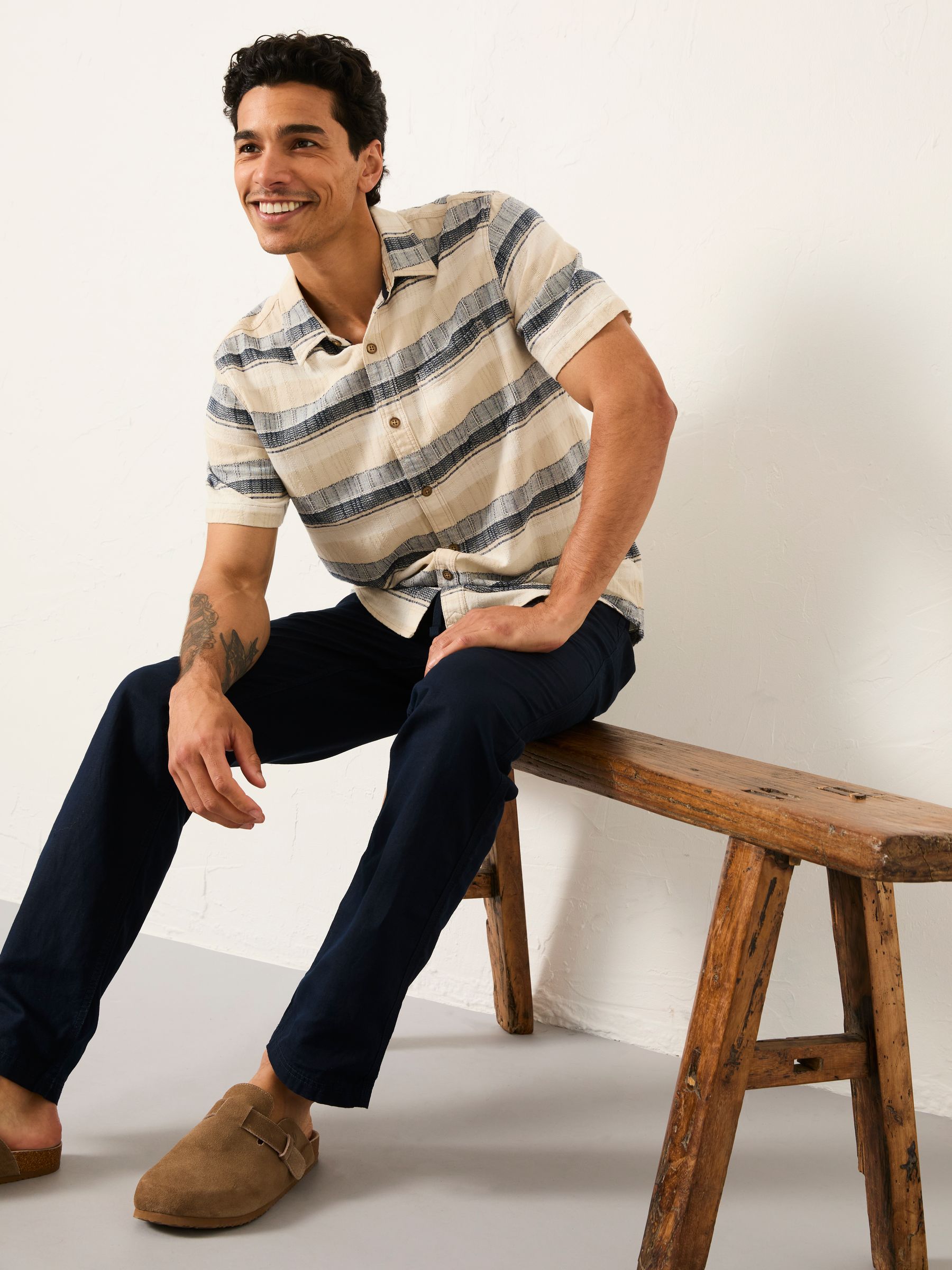 Navy Cotton Linen Straight Pull on Trousers - Image 4 of 6