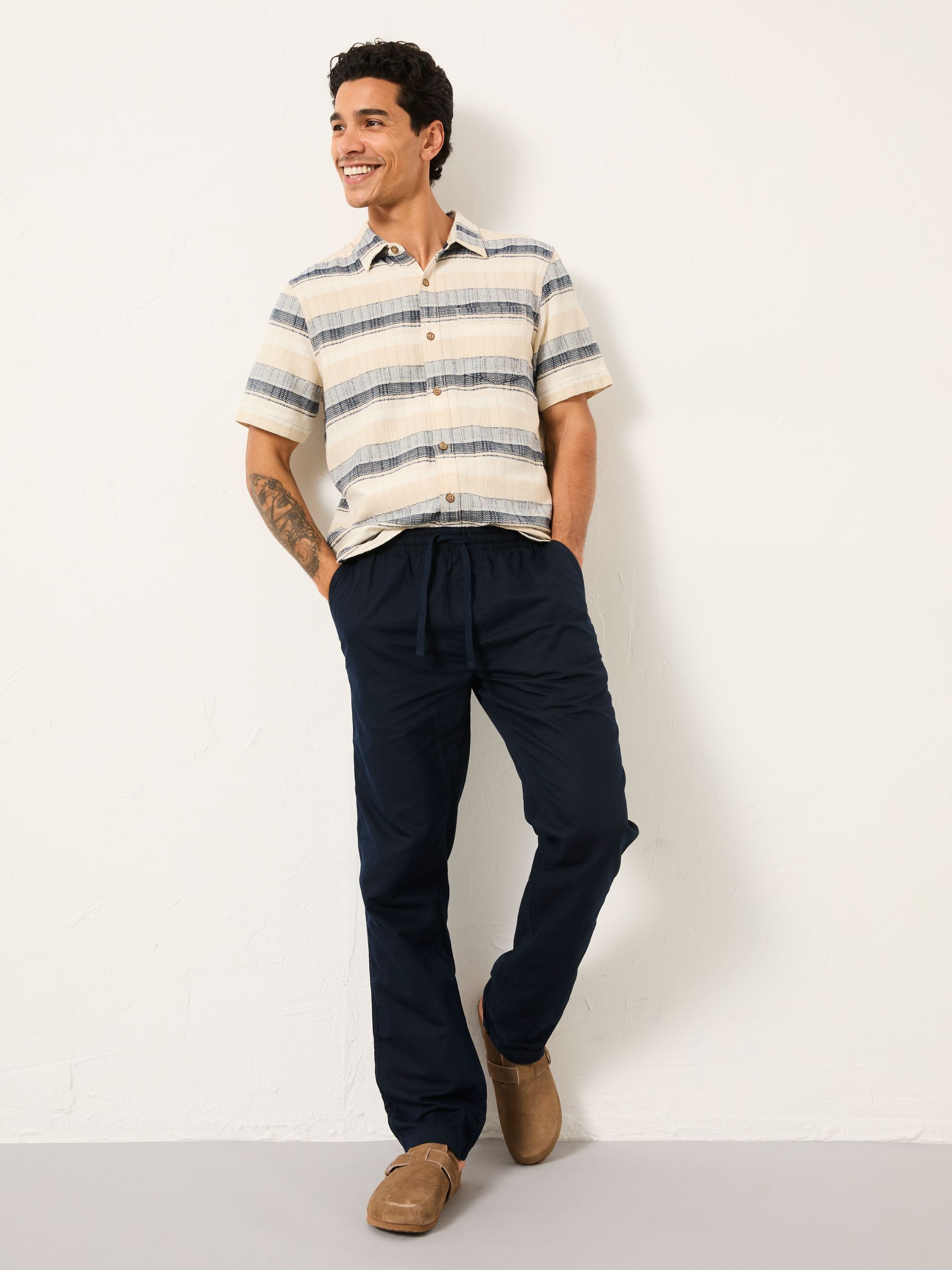 Navy Cotton Linen Straight Pull on Trousers - Image 5 of 6