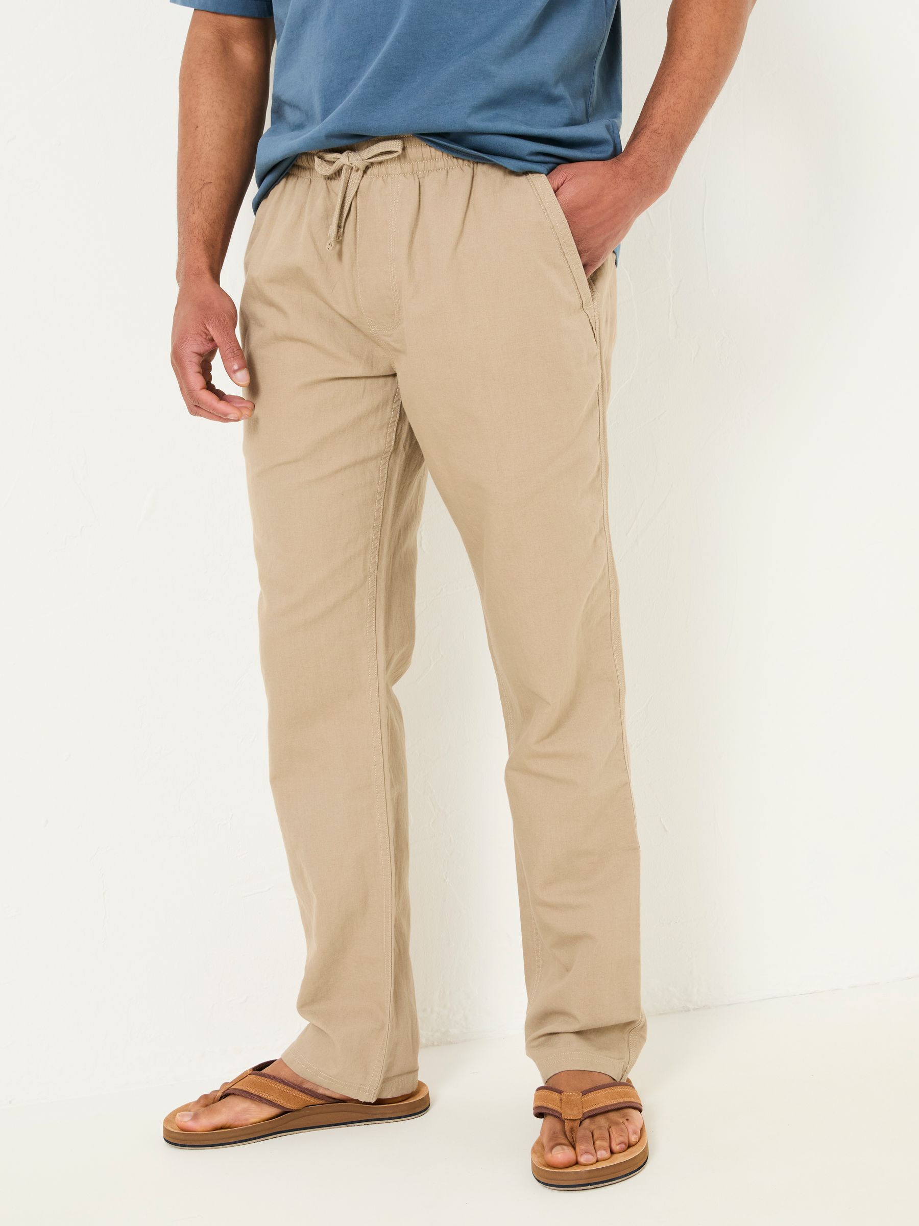 Natural Cotton Linen Straight Pull on Trousers - Image 1 of 8