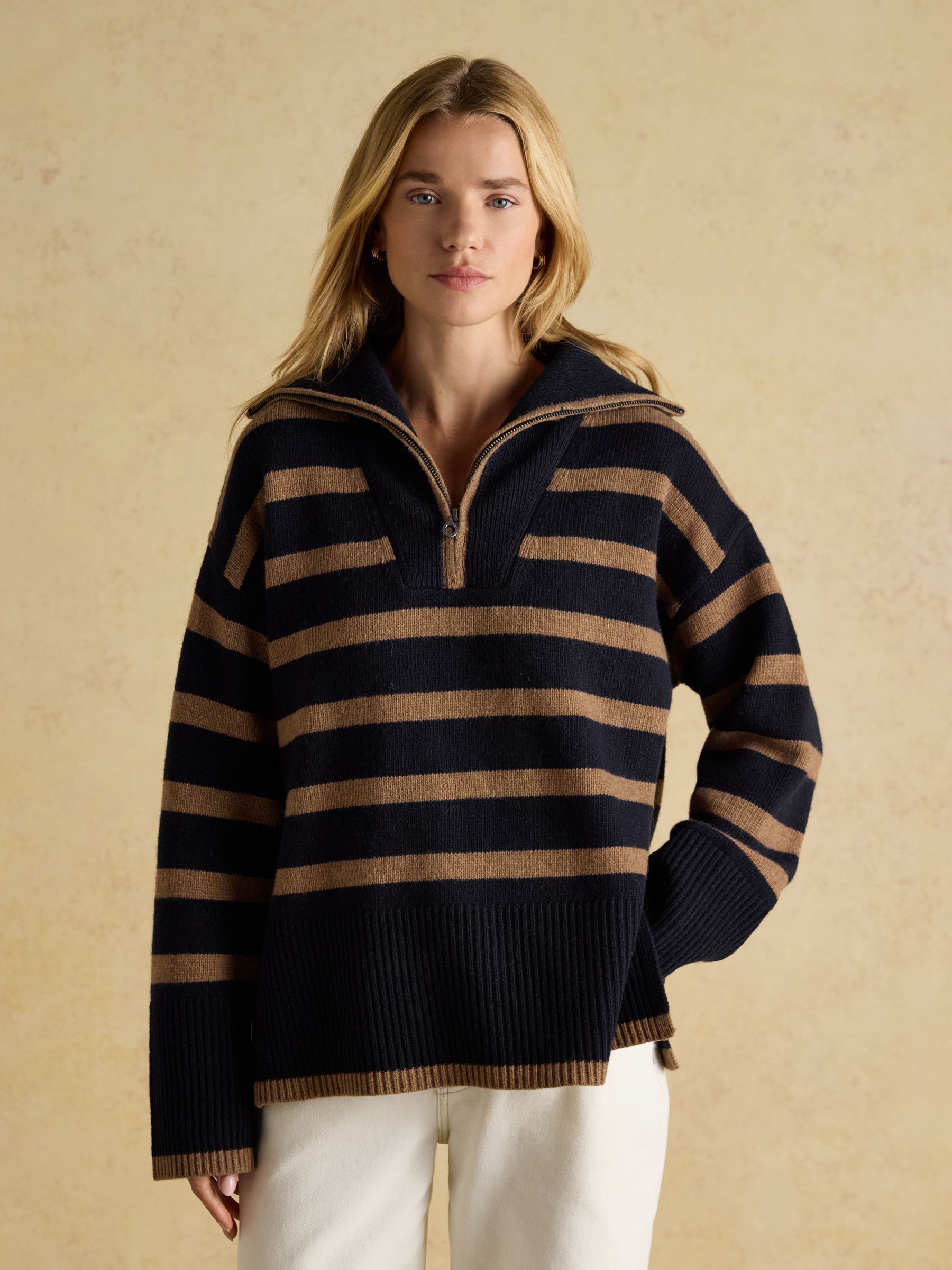 Waverley Wool-Rich Navy & Tan Stripe Quarter Zip Funnel Neck Jumper - Image 1 of 7