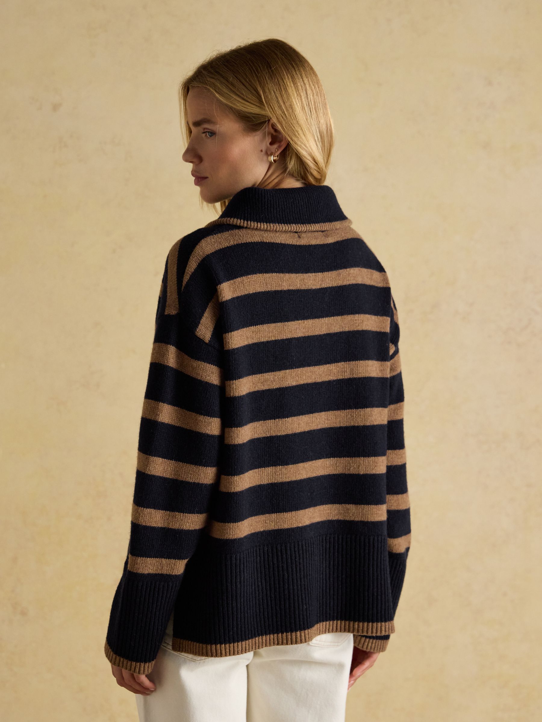 Waverley Wool-Rich Navy & Tan Stripe Quarter Zip Funnel Neck Jumper - Image 2 of 7