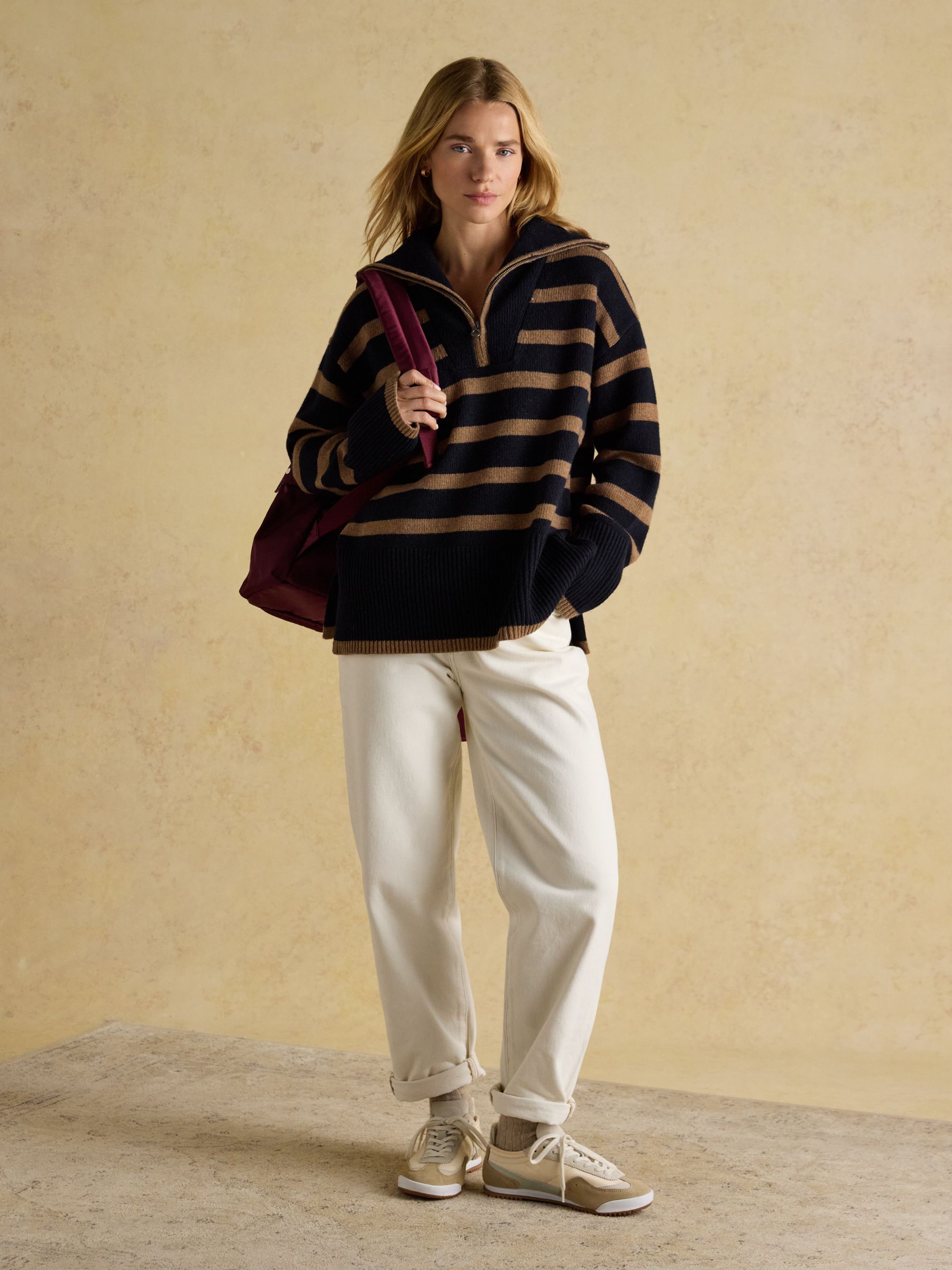 Waverley Wool-Rich Navy & Tan Stripe Quarter Zip Funnel Neck Jumper - Image 4 of 7