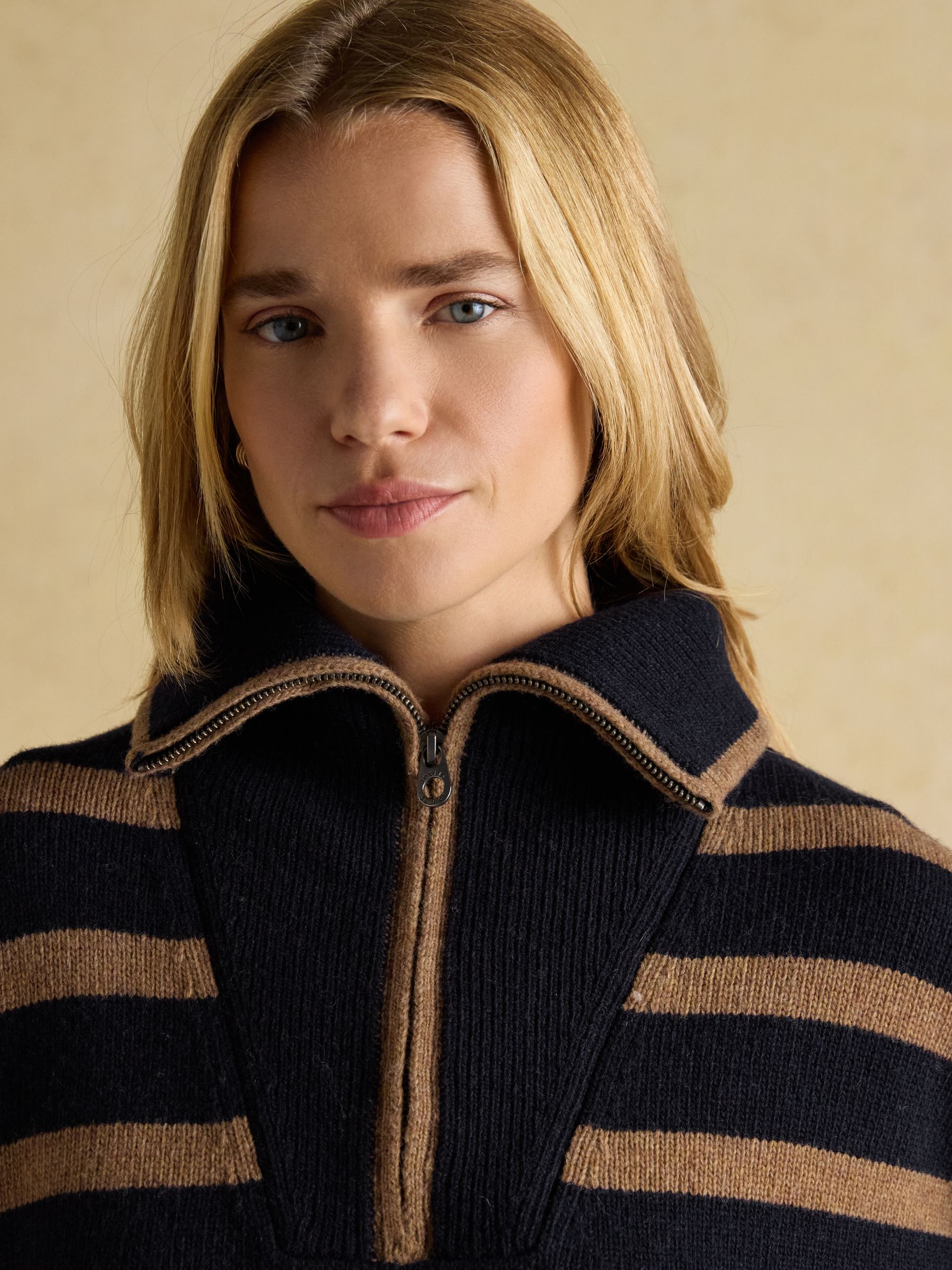 Waverley Wool-Rich Navy & Tan Stripe Quarter Zip Funnel Neck Jumper - Image 5 of 7