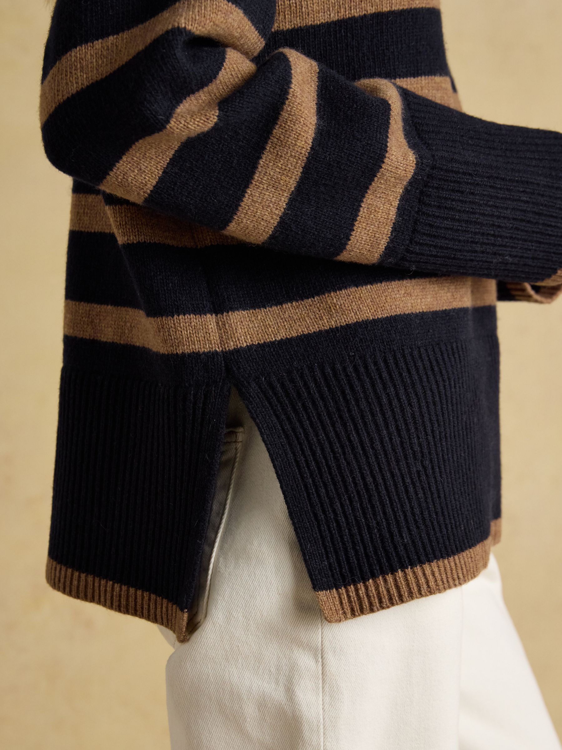 Waverley Wool-Rich Navy & Tan Stripe Quarter Zip Funnel Neck Jumper - Image 6 of 7