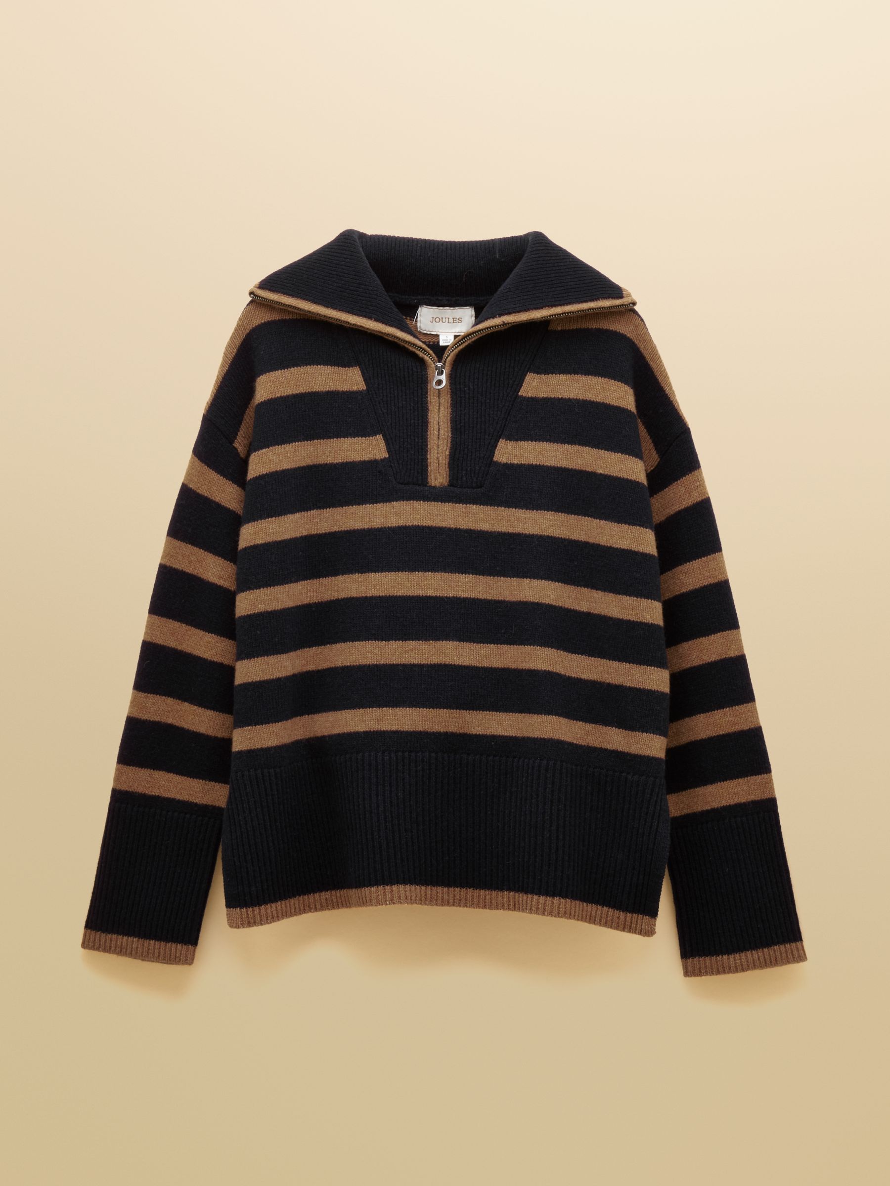 Waverley Wool-Rich Navy & Tan Stripe Quarter Zip Funnel Neck Jumper - Image 7 of 7