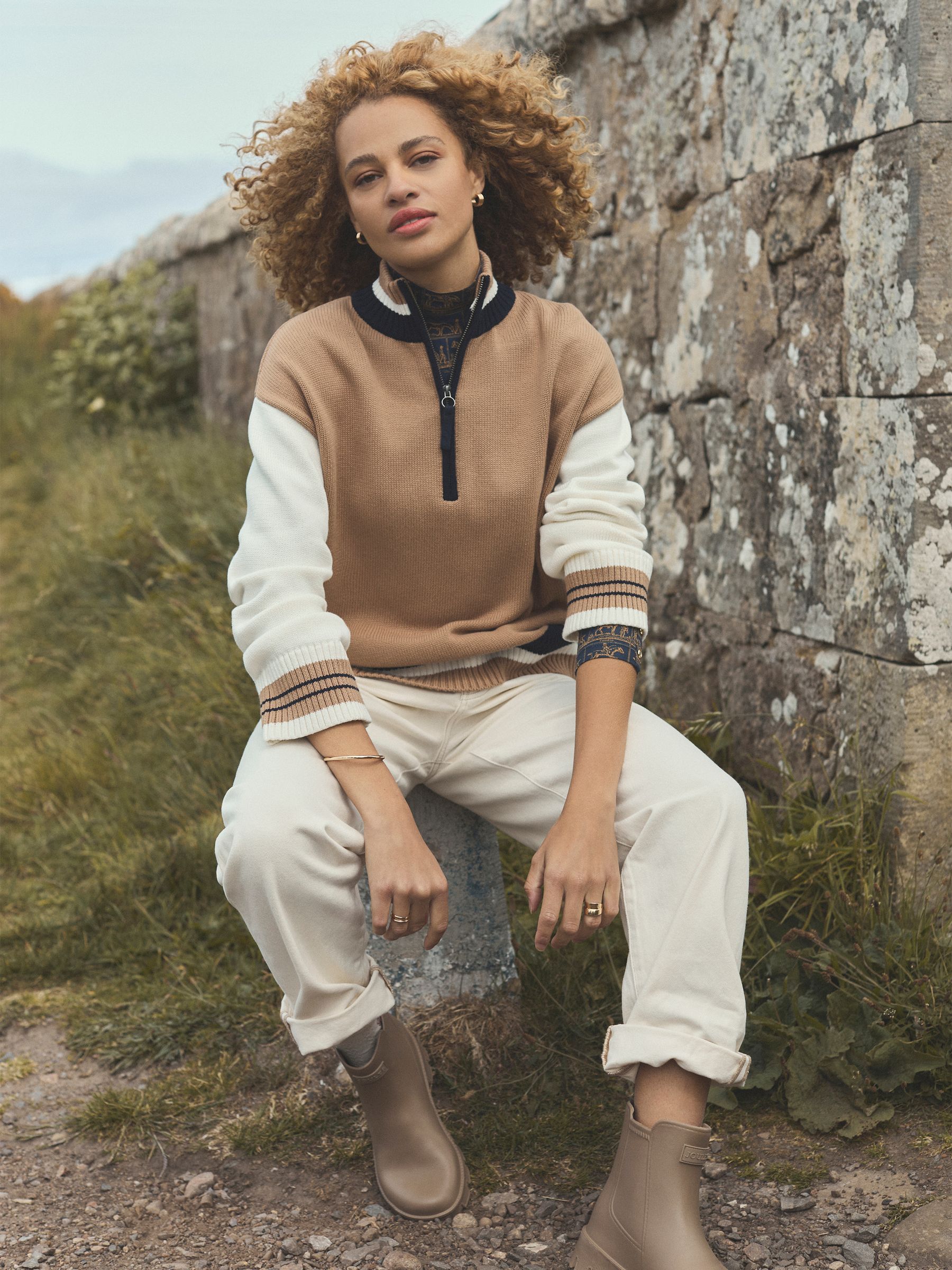 Varsity Brown & Cream Colourblock Quarter Zip Cotton Jumper - Image 2 of 9