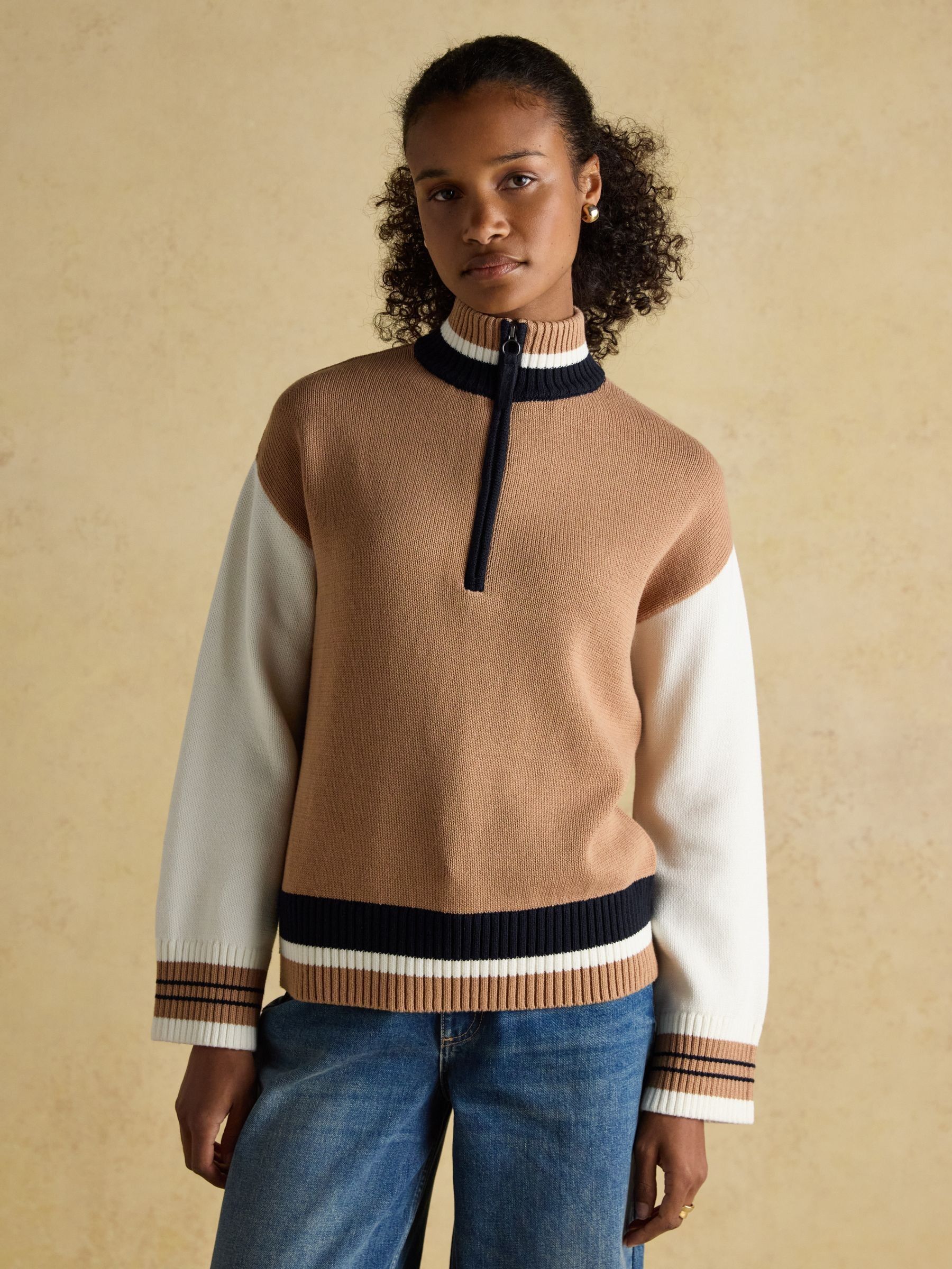 Varsity Brown & Cream Colourblock Quarter Zip Cotton Jumper - Image 3 of 9