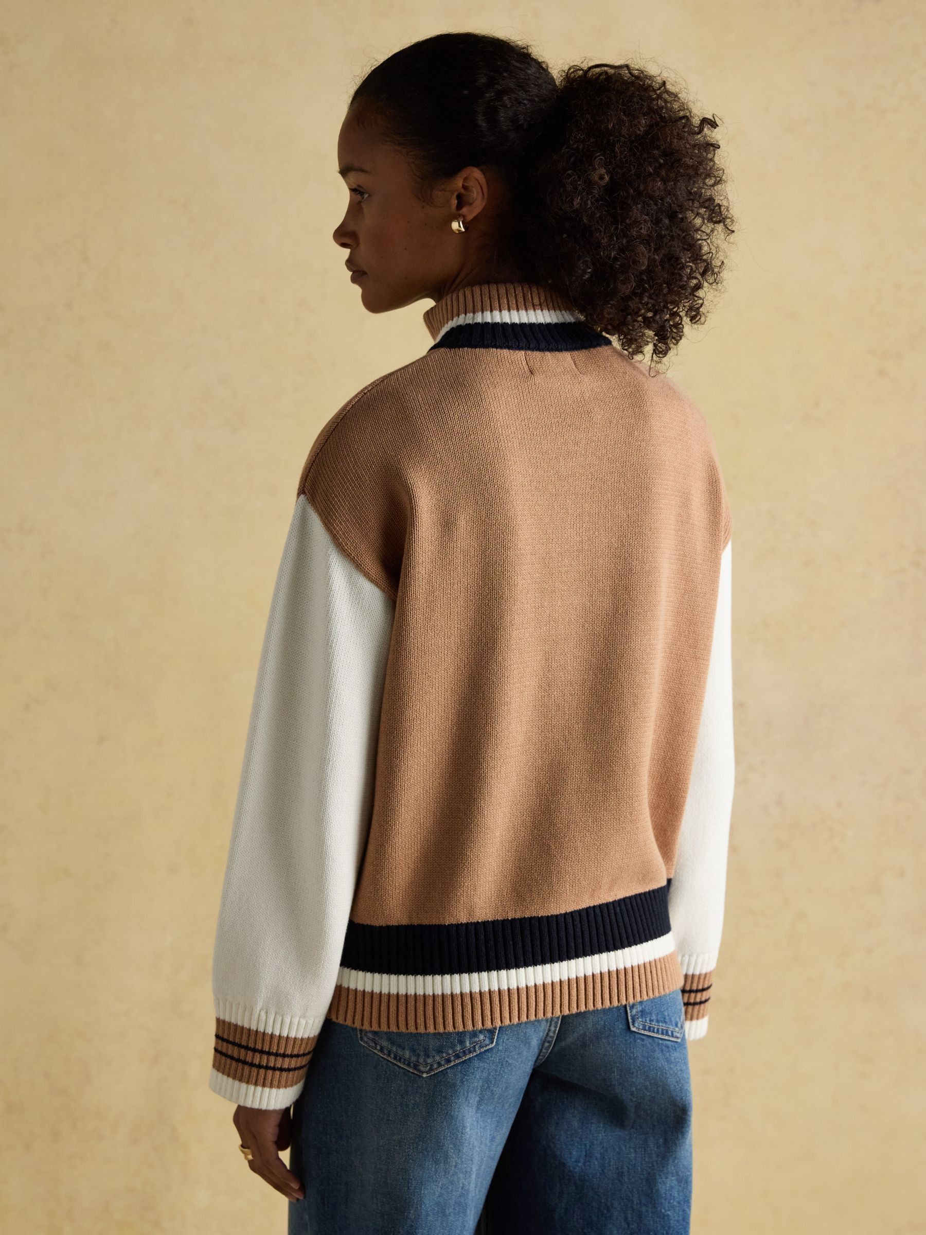 Varsity Brown & Cream Colourblock Quarter Zip Cotton Jumper - Image 4 of 9