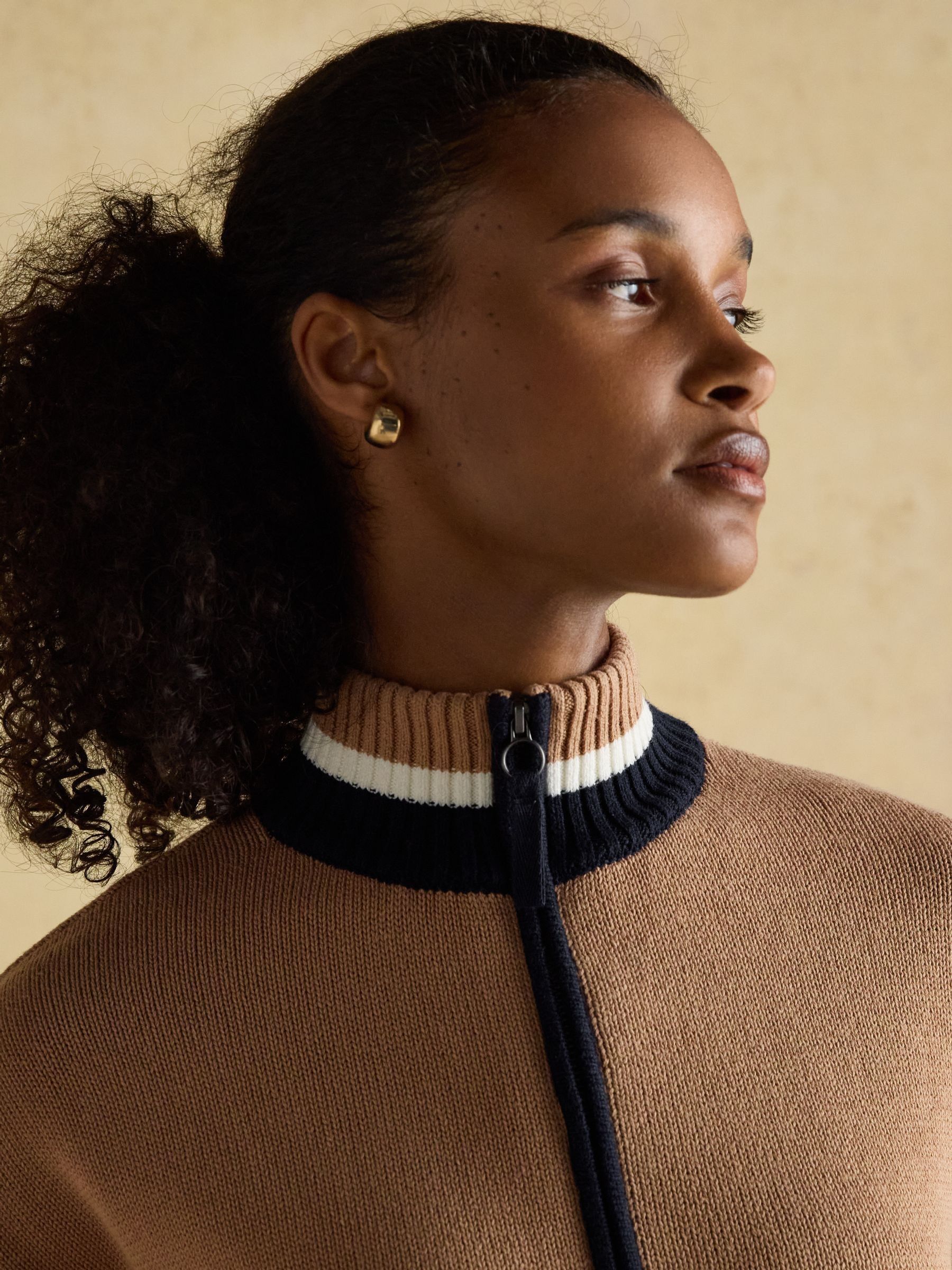 Varsity Brown & Cream Colourblock Quarter Zip Cotton Jumper - Image 5 of 9