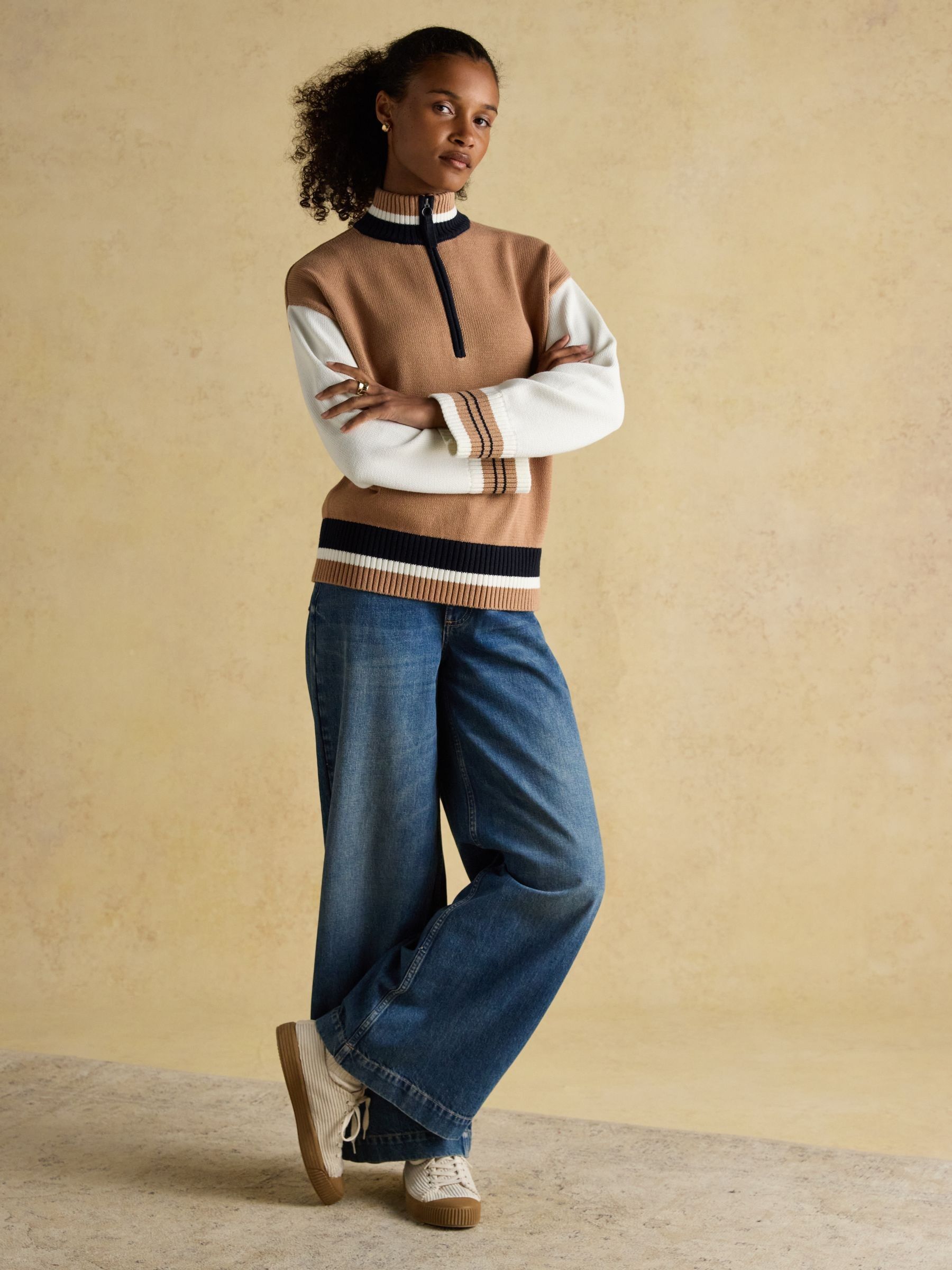 Varsity Brown & Cream Colourblock Quarter Zip Cotton Jumper - Image 6 of 9