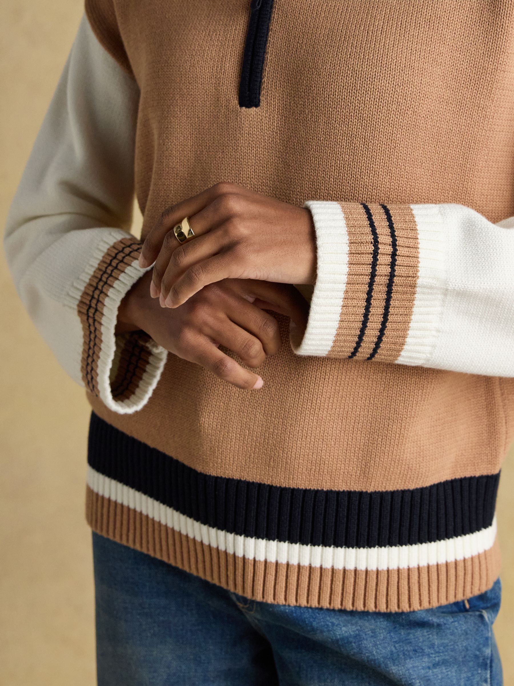 Varsity Brown & Cream Colourblock Quarter Zip Cotton Jumper - Image 7 of 9