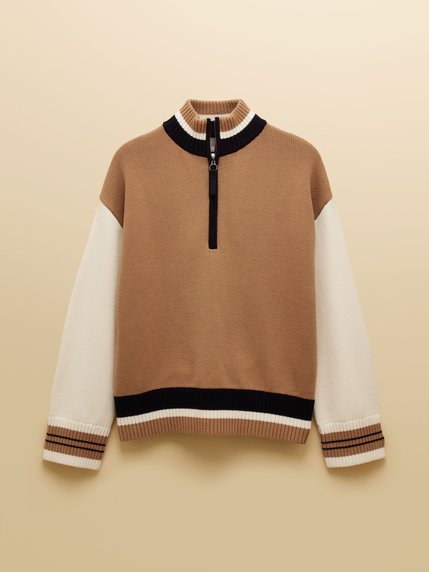 Varsity Brown & Cream Colourblock Quarter Zip Cotton Jumper - Image 7 of 7