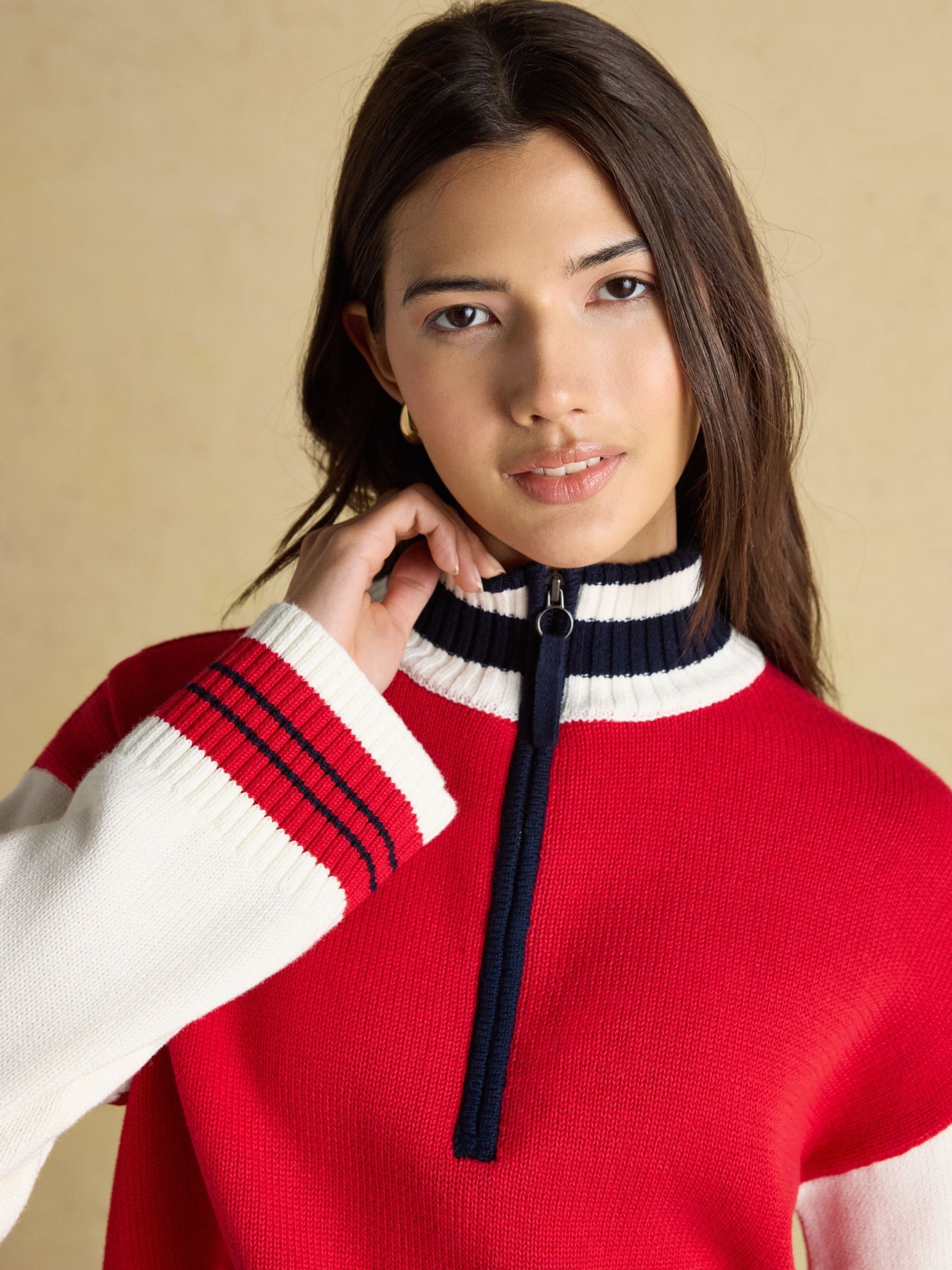 Varsity Red & Cream Colourblock Quarter Zip Cotton Jumper - Image 4 of 7