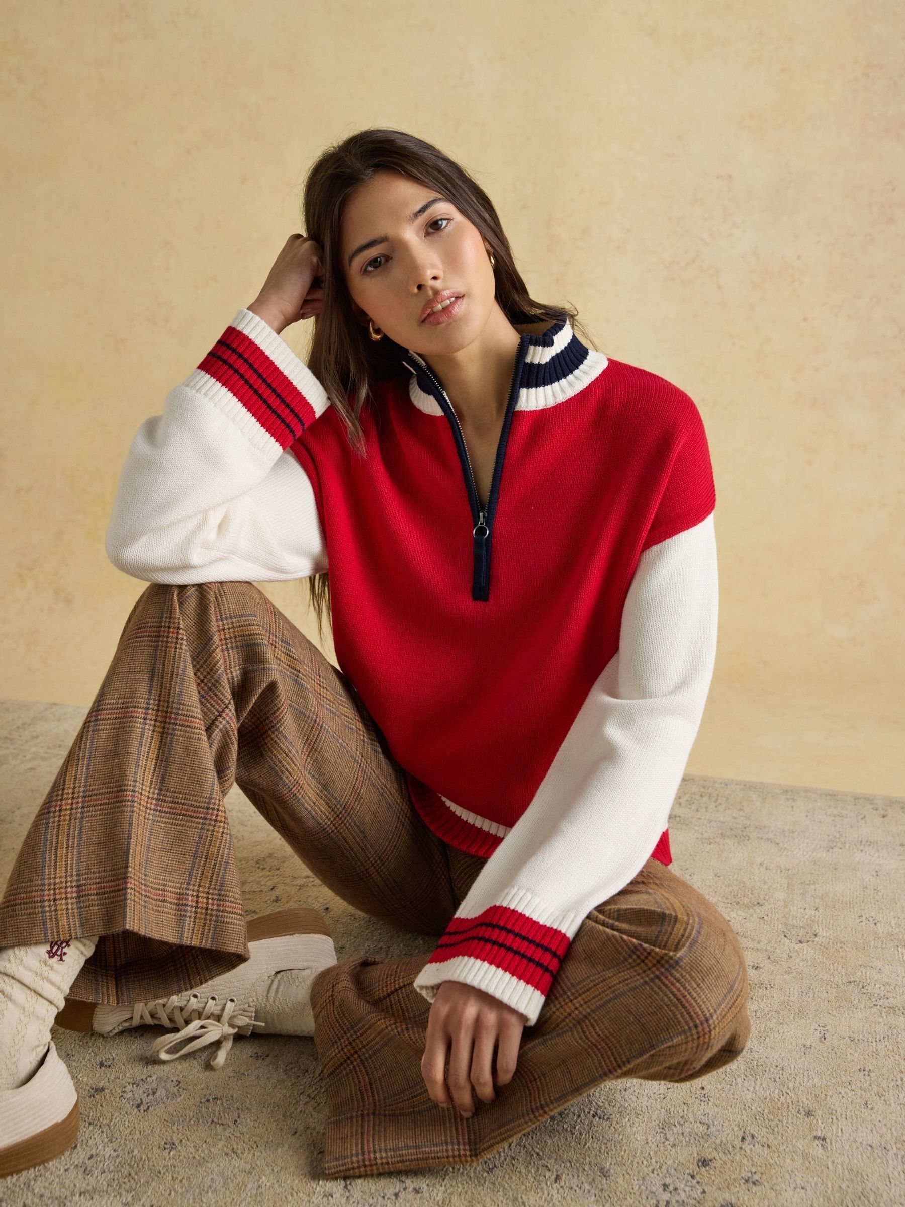 Varsity Red & Cream Colourblock Quarter Zip Cotton Jumper - Image 5 of 7