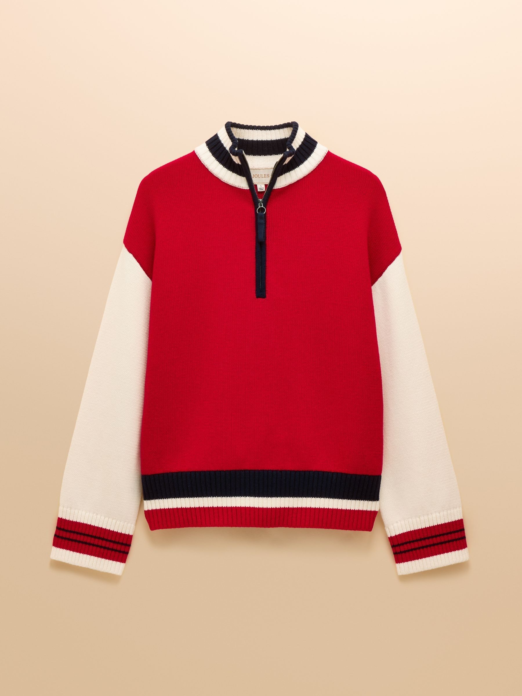 Varsity Red & Cream Colourblock Quarter Zip Cotton Jumper - Image 7 of 7