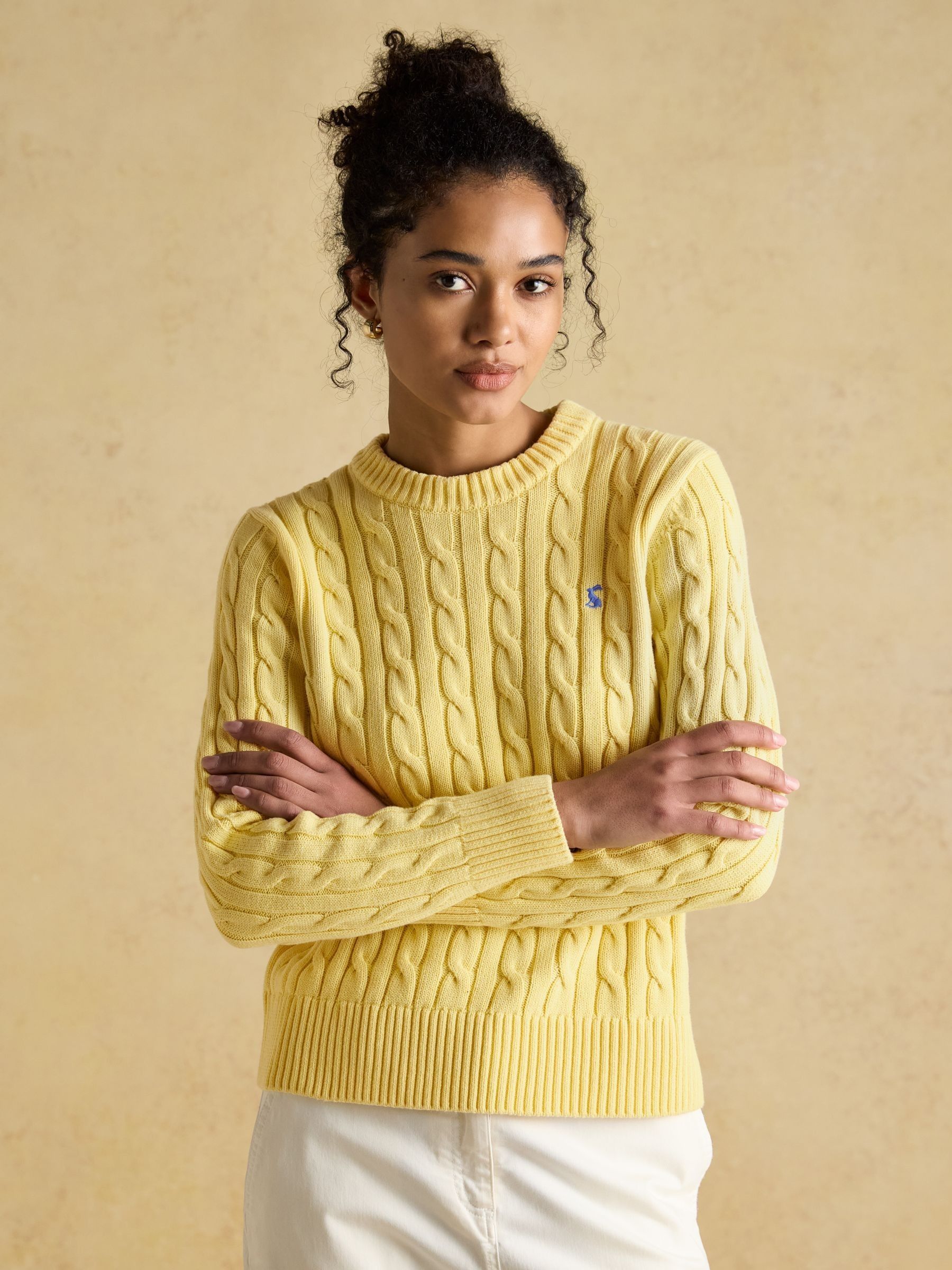 Classic Cable Yellow Cotton Crew Neck Jumper - Image 4 of 10