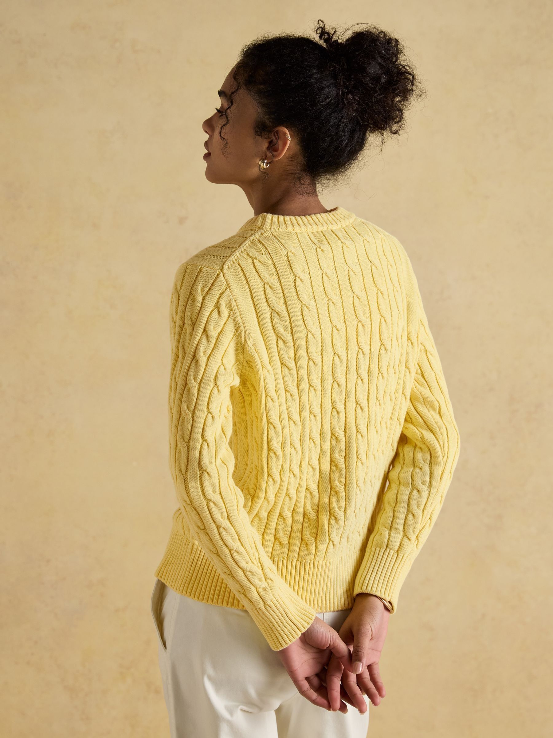 Classic Cable Yellow Cotton Crew Neck Jumper - Image 5 of 10