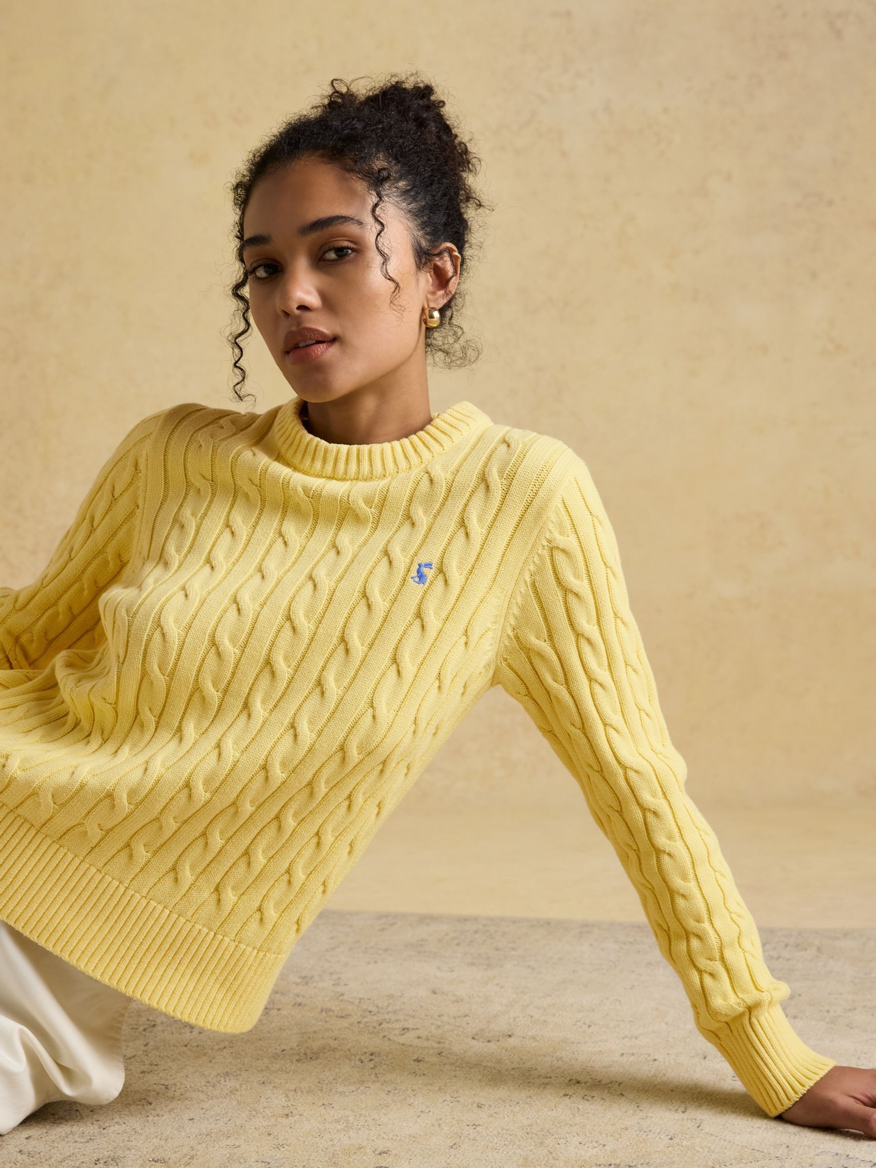 Classic Cable Yellow Cotton Crew Neck Jumper - Image 6 of 10