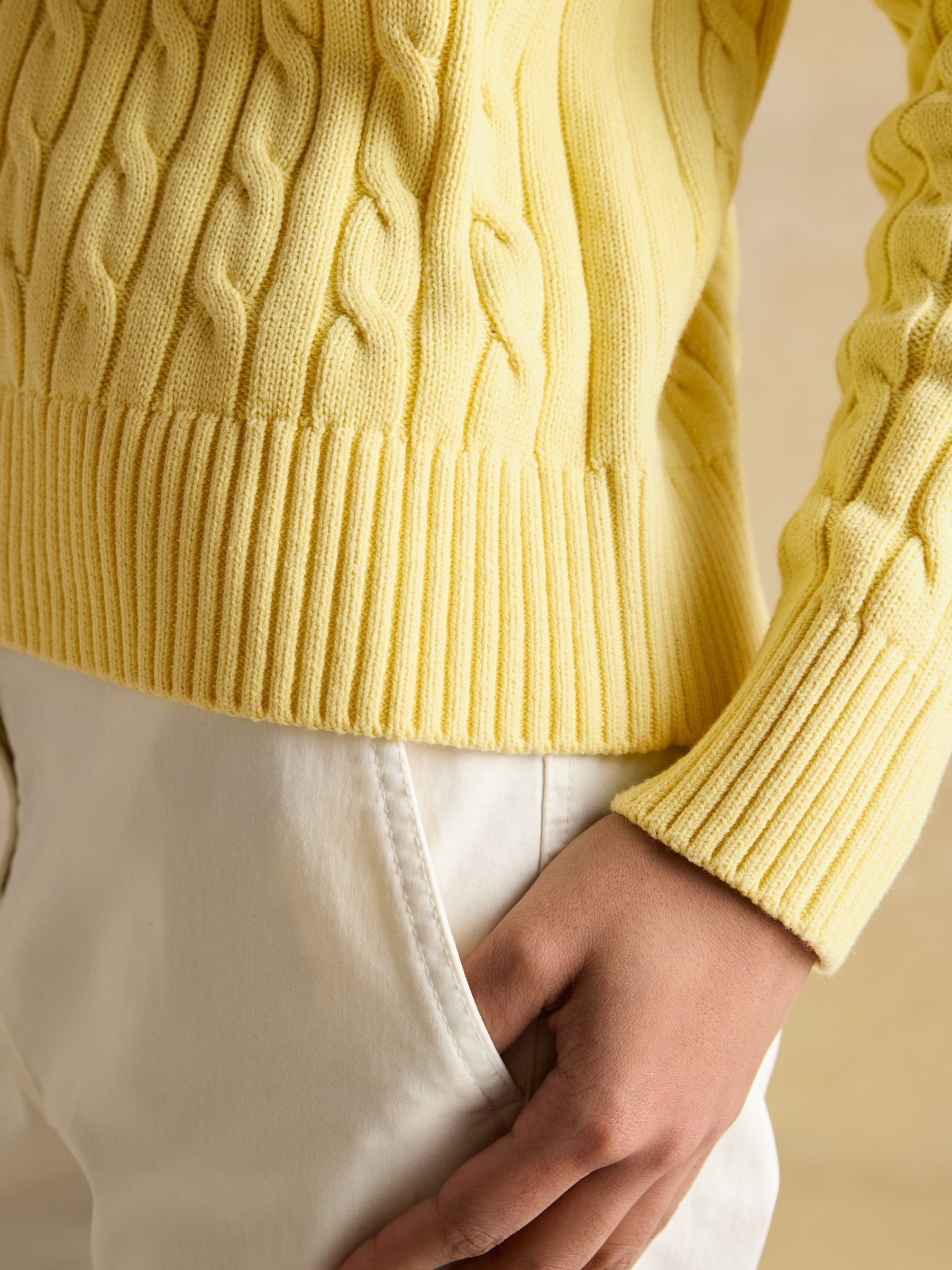 Classic Cable Yellow Cotton Crew Neck Jumper - Image 9 of 10
