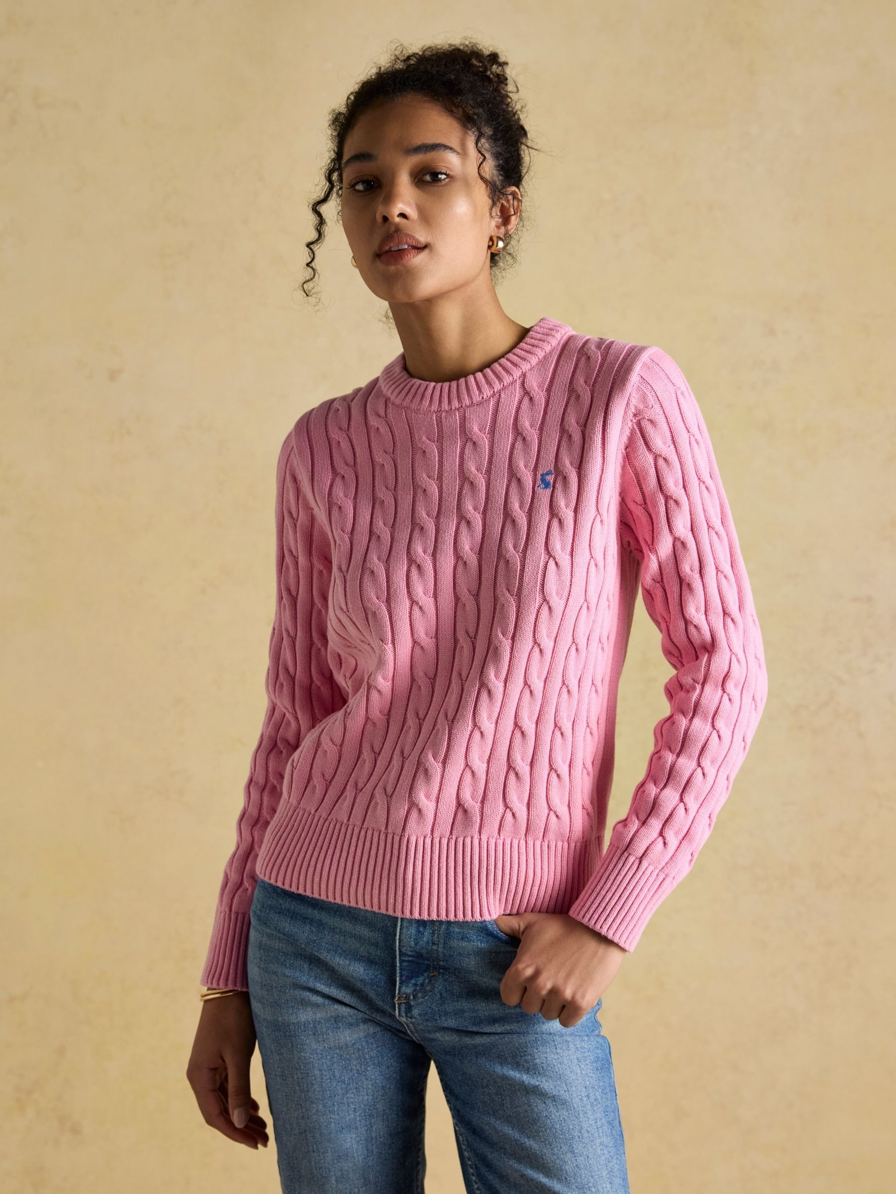 Classic Cable Pink Cotton Crew Neck Jumper