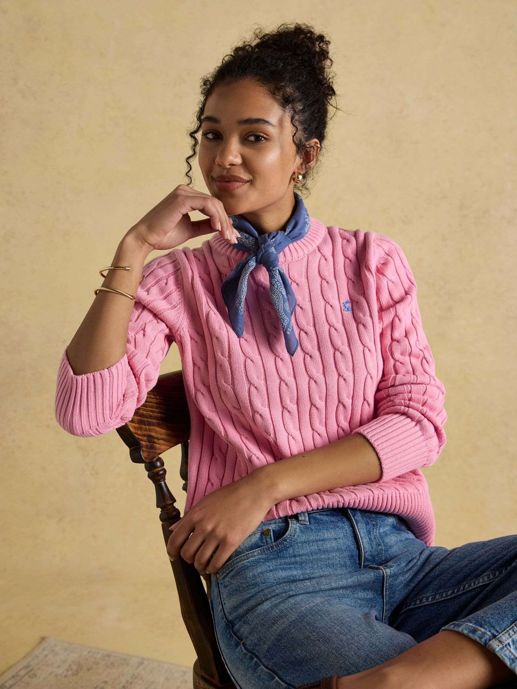 Classic Cable Pink Cotton Crew Neck Jumper - Image 8 of 11