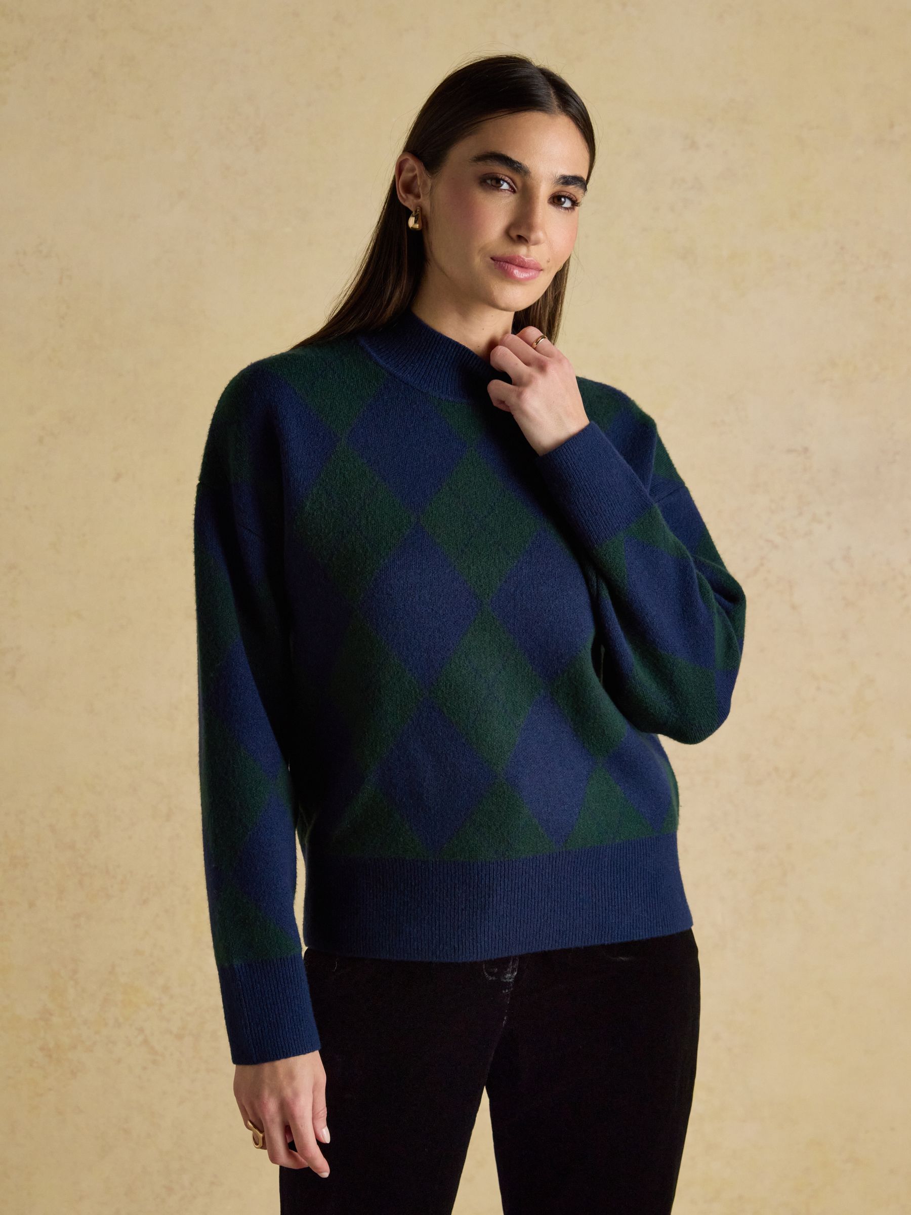 Gilmore Navy & Green Argyle High Neck Jumper - Image 3 of 9
