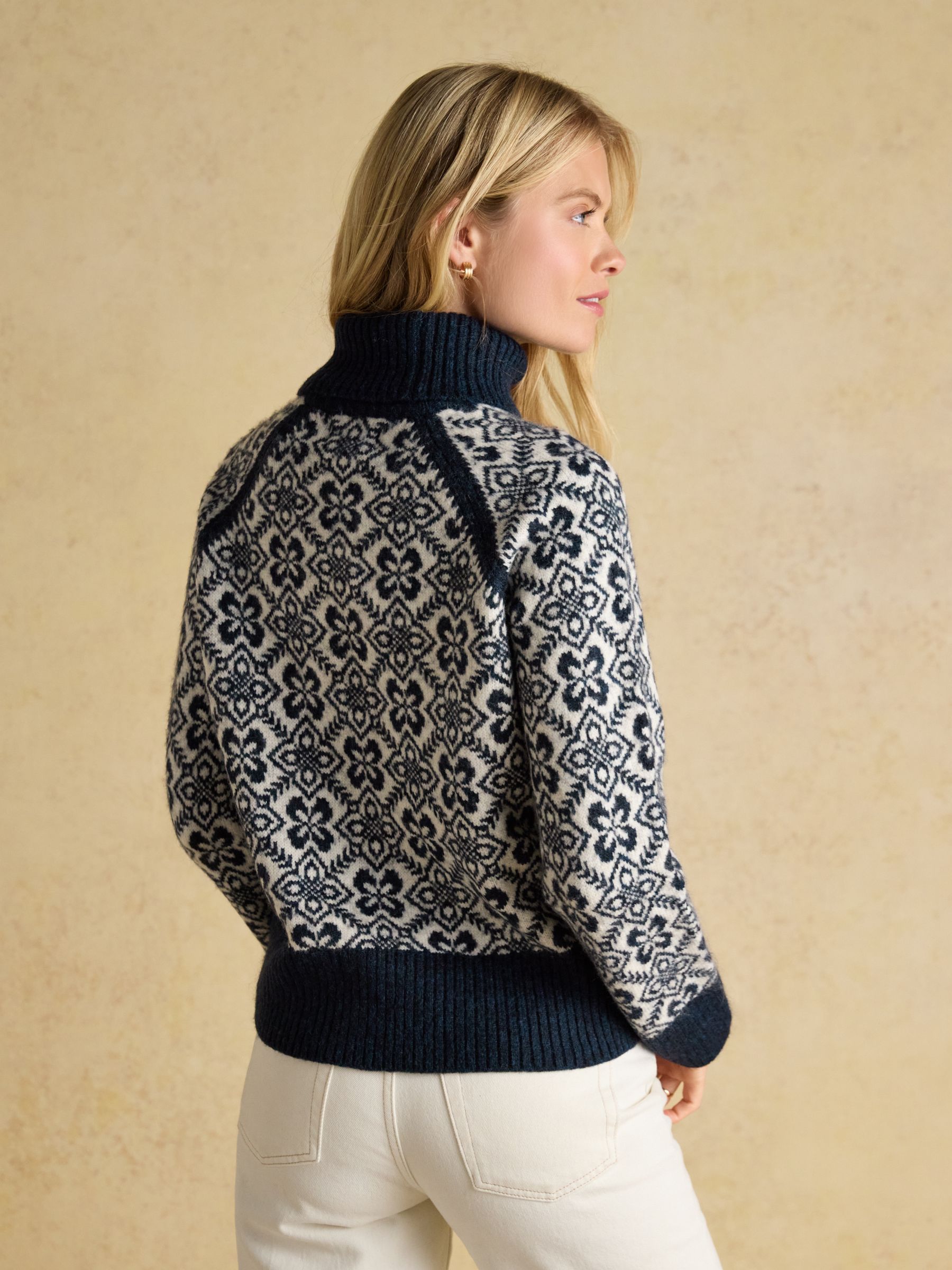 Addison Navy & Cream Patterned Knitted Jumper with Detachable Roll Neck - Image 2 of 7