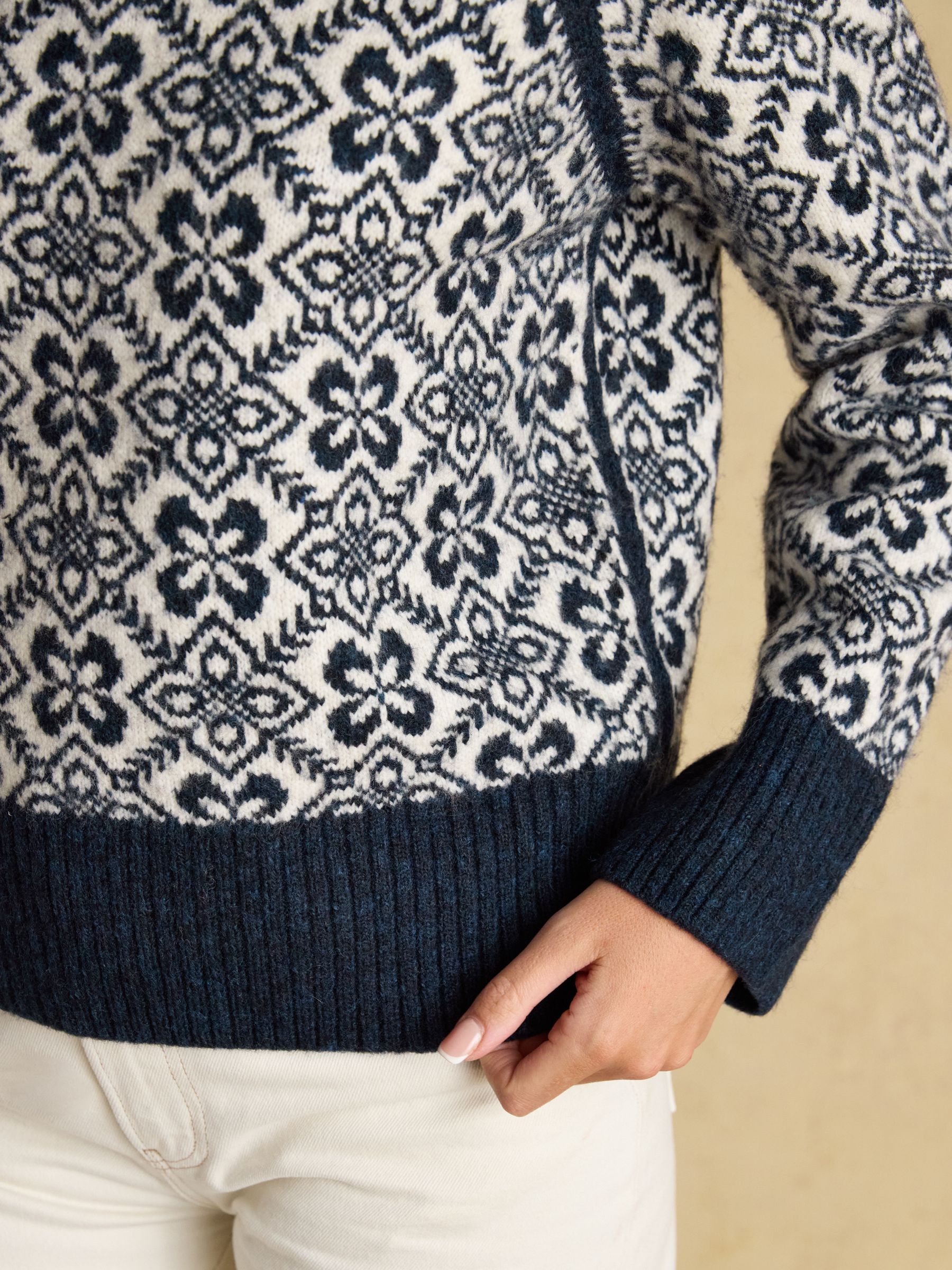 Addison Navy & Cream Patterned Knitted Jumper with Detachable Roll Neck - Image 6 of 7