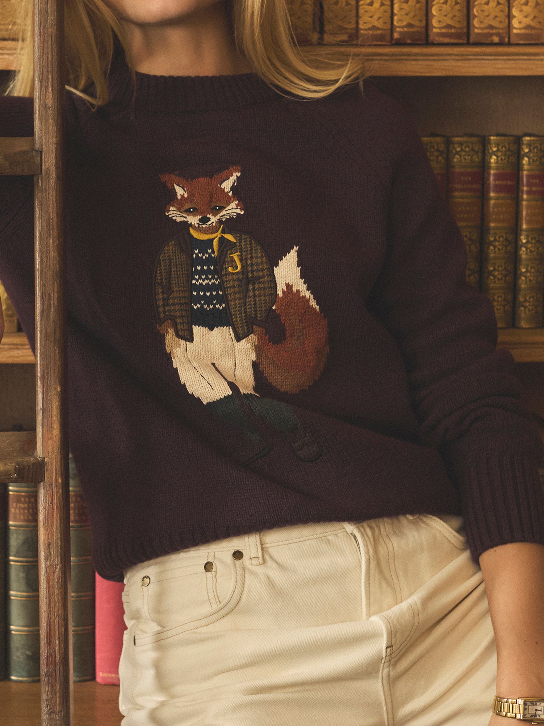 Burgundy Jonty Fox Intarsia Cotton-Rich Crew Neck Jumper - Image 3 of 12