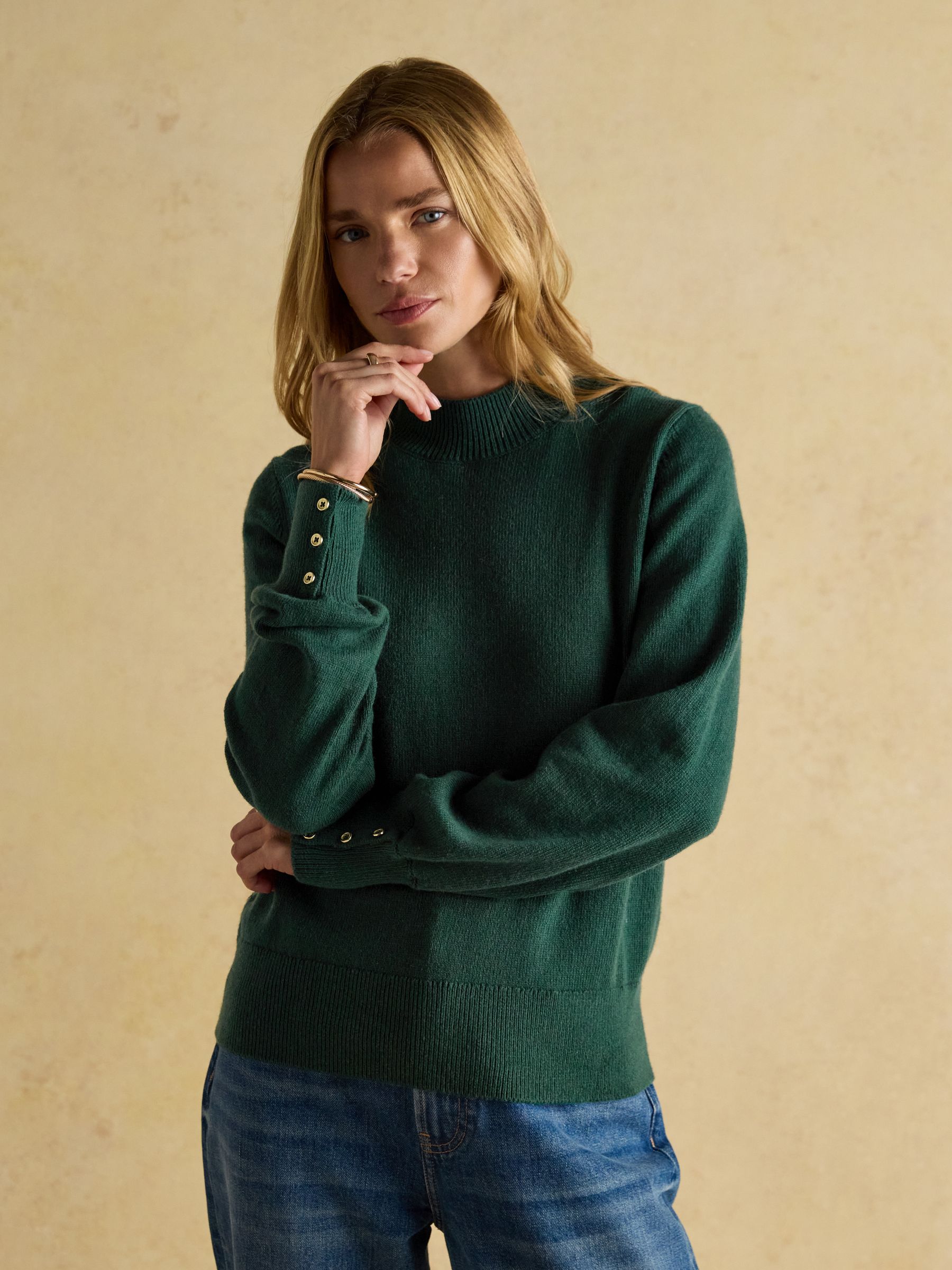 Enid Green Cotton-Rich High Neck Jumper - Image 1 of 8