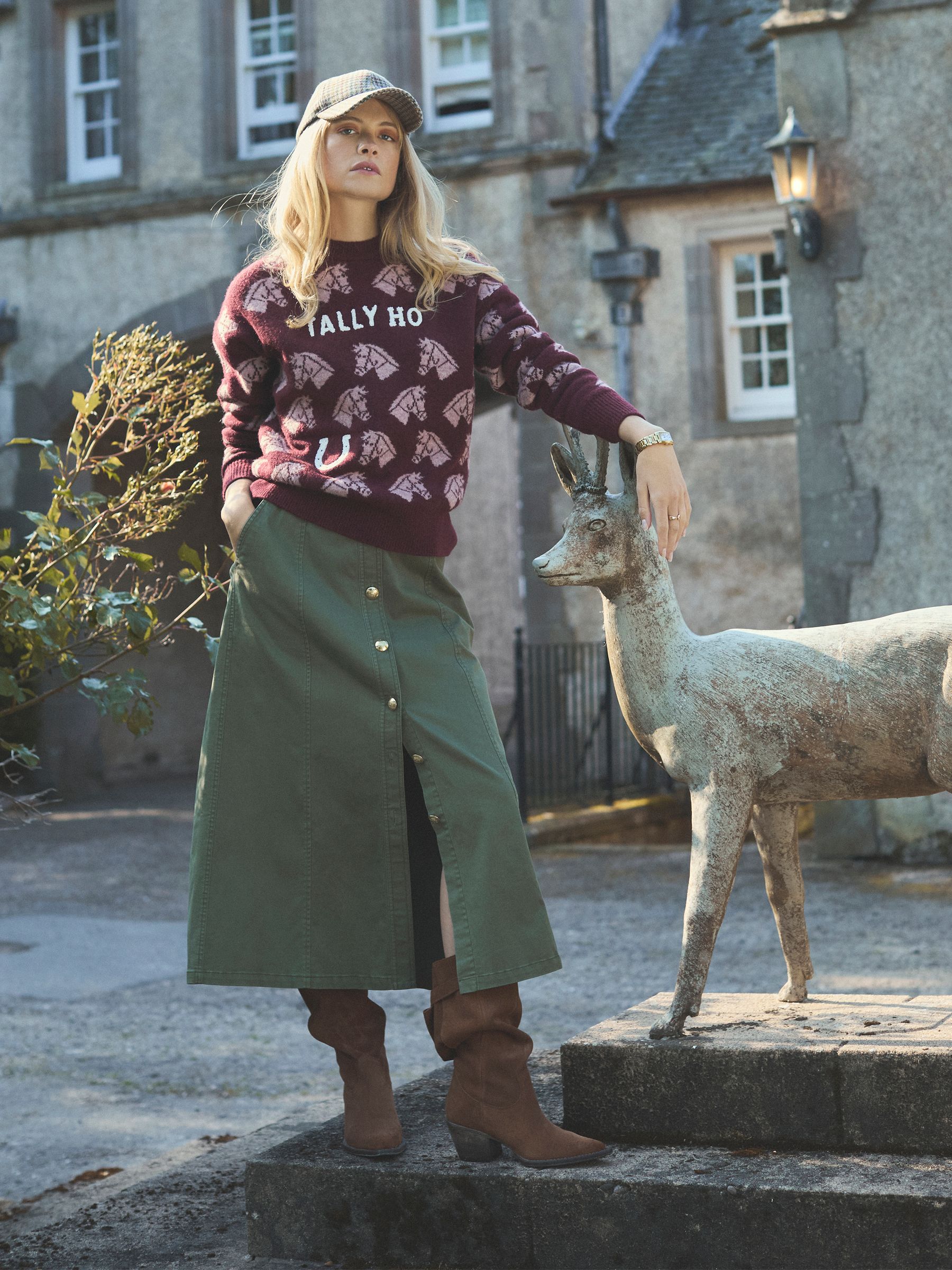 Knitted Burgundy Tally Ho Jumper with Crew Neck - Image 2 of 11