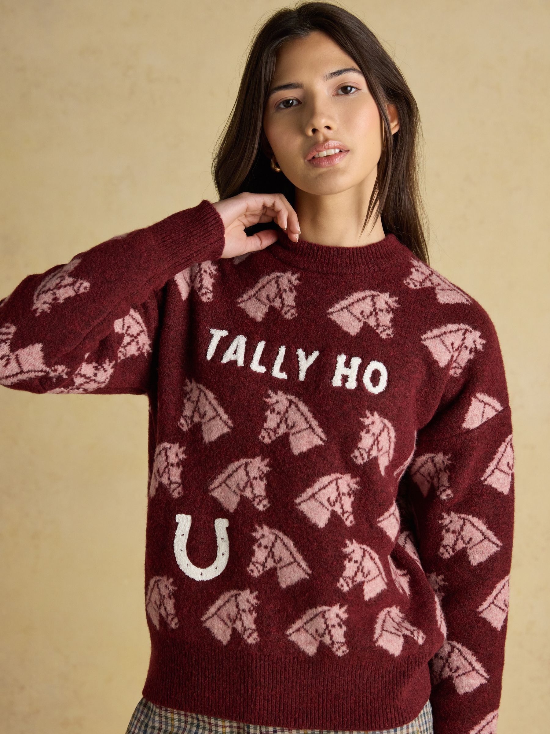 Knitted Burgundy Tally Ho Jumper with Crew Neck - Image 6 of 11