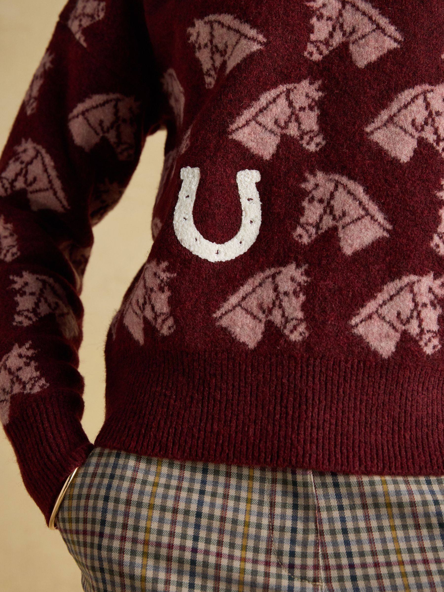 Knitted Burgundy Tally Ho Jumper with Crew Neck - Image 8 of 11