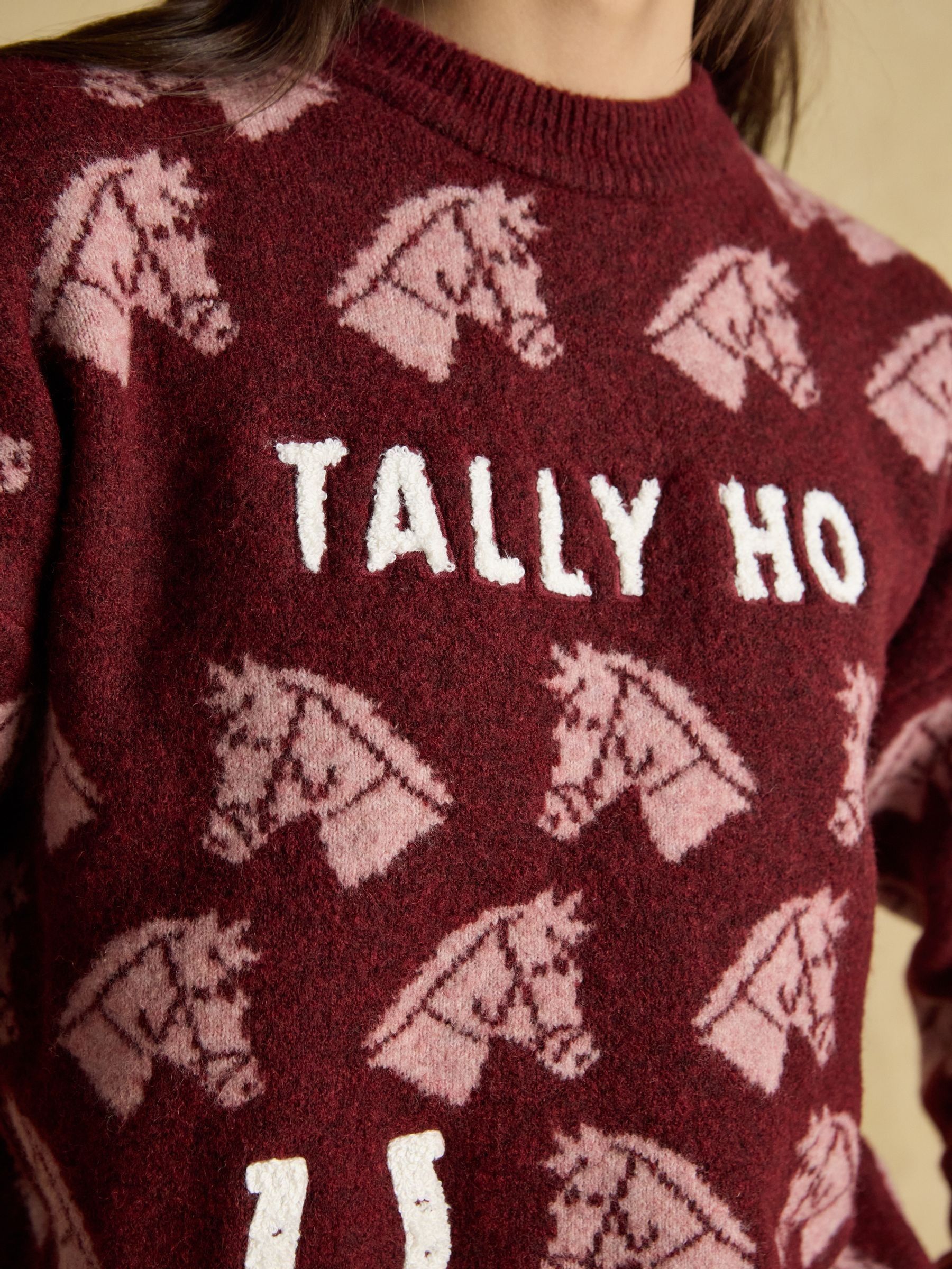 Knitted Burgundy Tally Ho Jumper with Crew Neck - Image 9 of 11