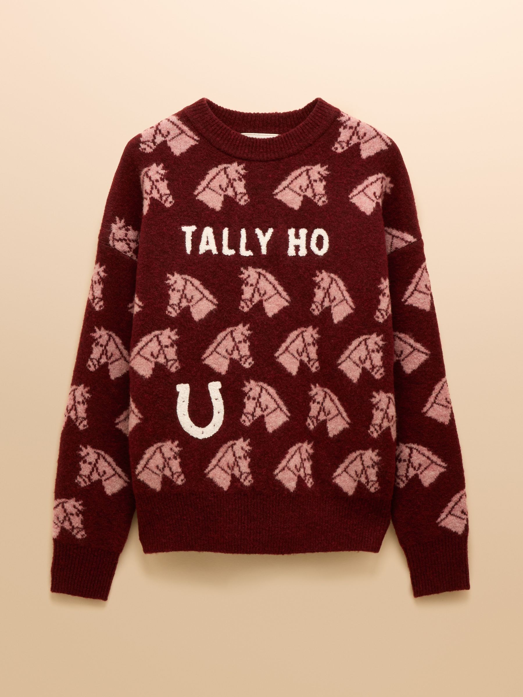 Knitted Burgundy Tally Ho Jumper with Crew Neck - Image 9 of 9