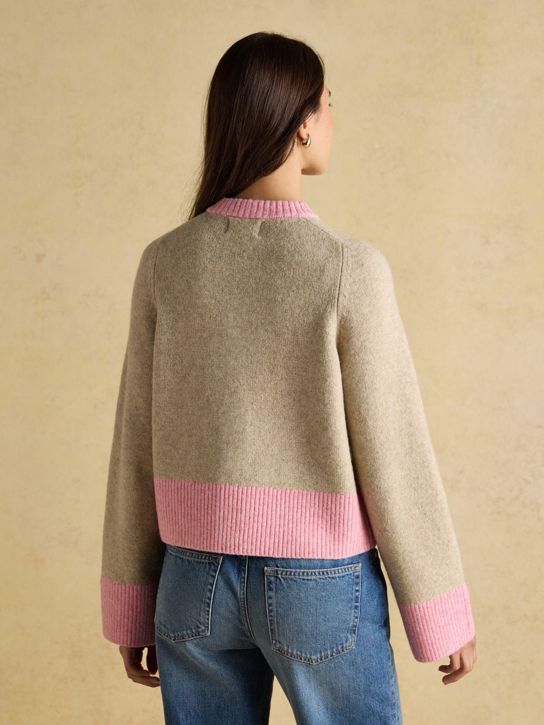 Nora Oat/Pink Knitted Round Neck Cardigan - Image 2 of 9