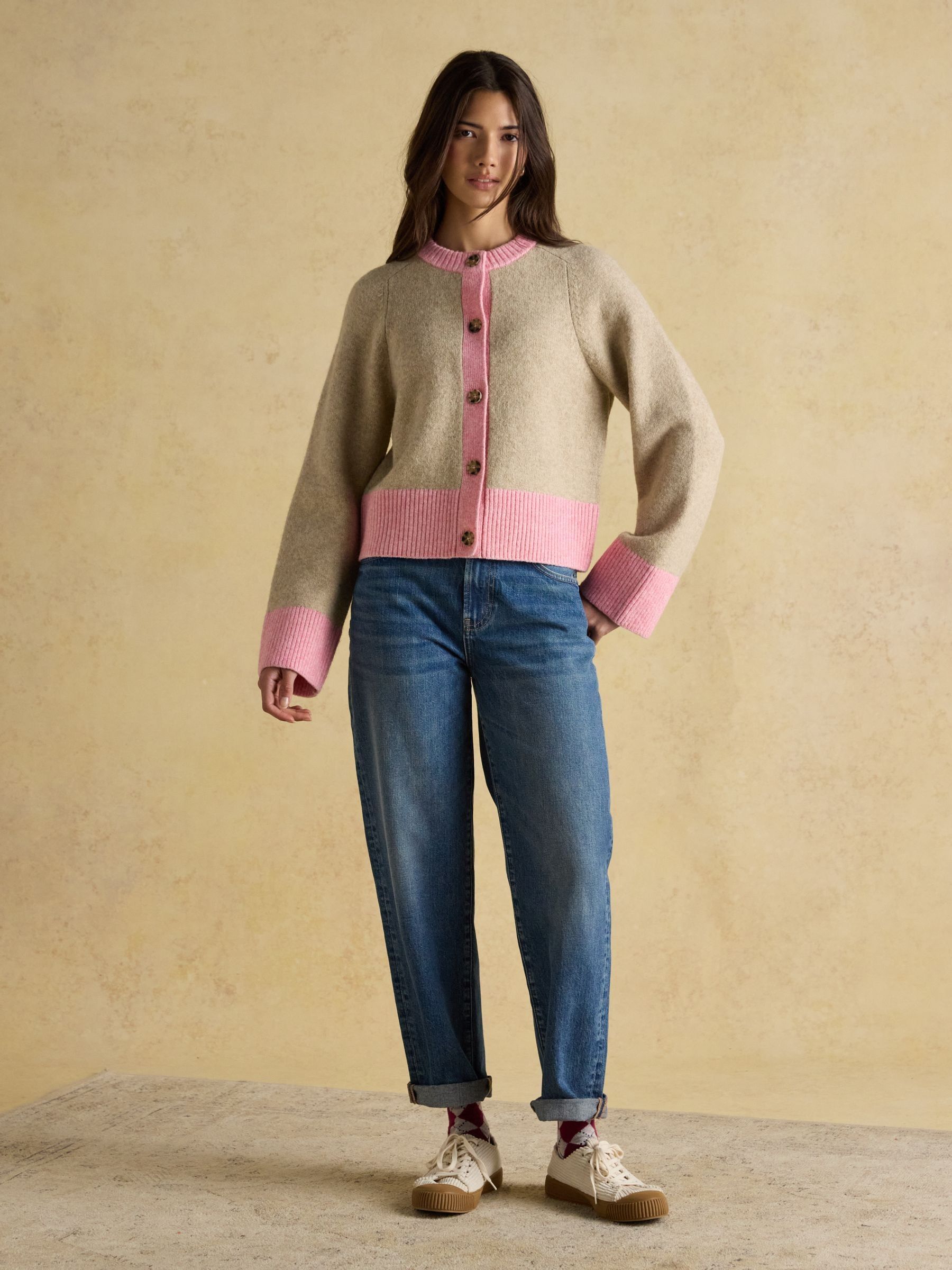 Nora Oat/Pink Knitted Round Neck Cardigan - Image 3 of 9