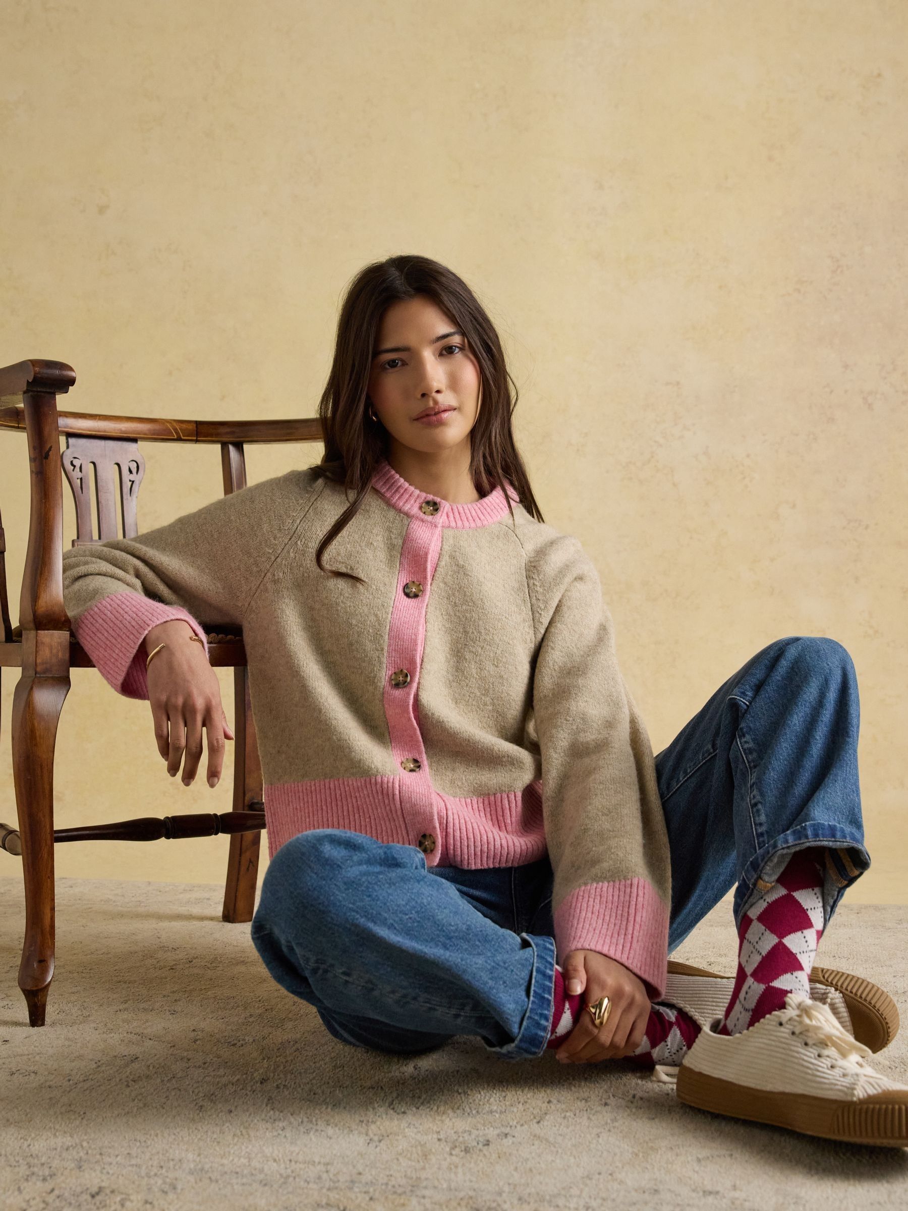 Nora Oat/Pink Knitted Round Neck Cardigan - Image 4 of 9