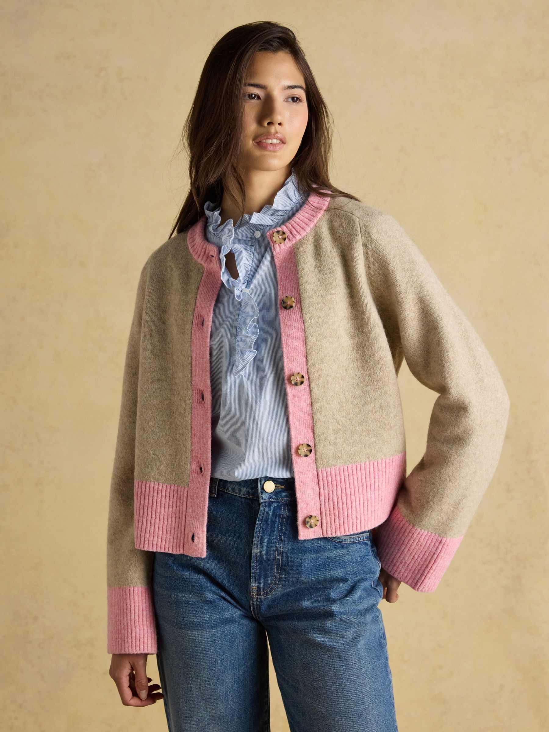 Nora Oat/Pink Knitted Round Neck Cardigan - Image 5 of 9