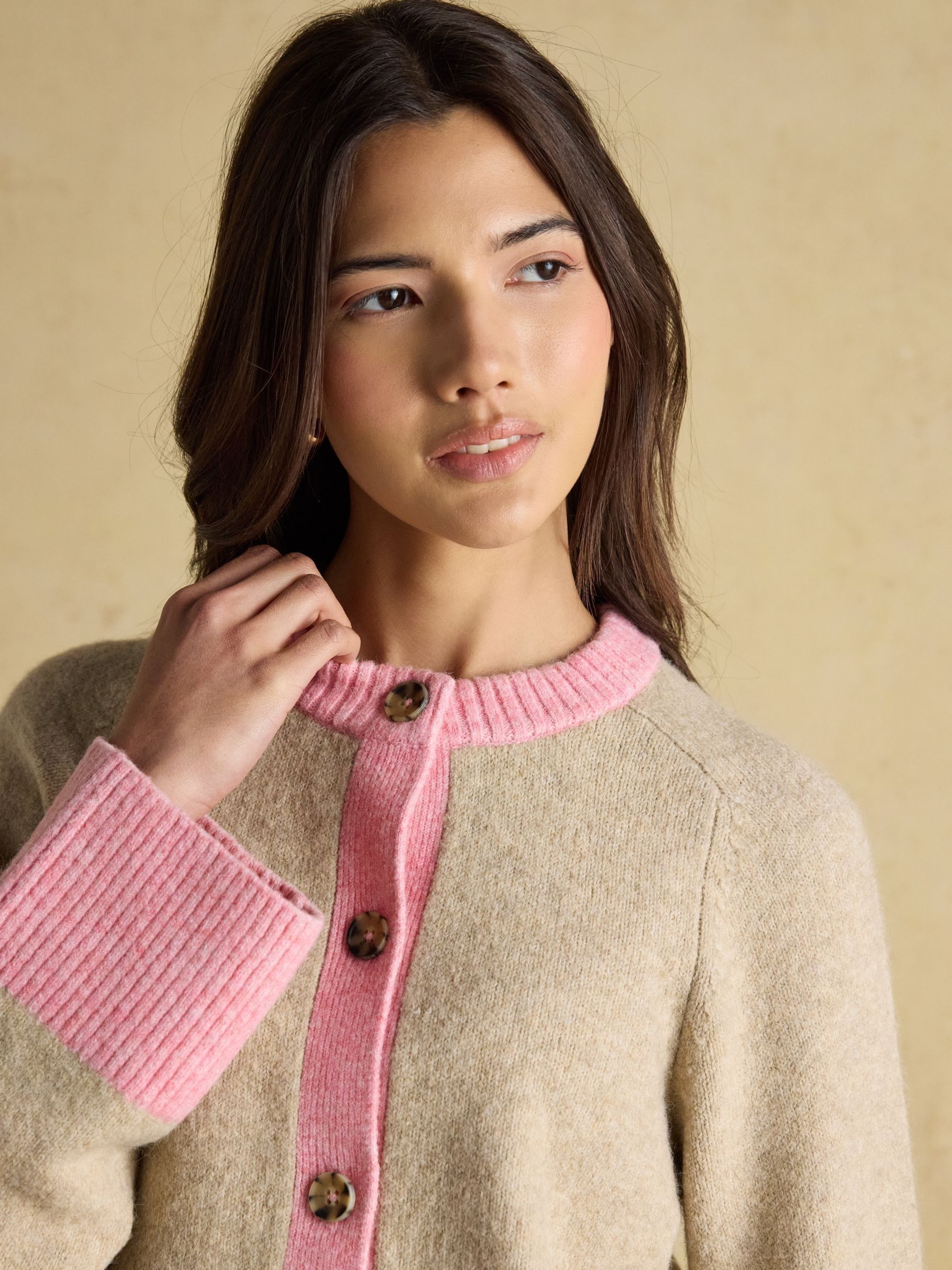 Nora Oat/Pink Knitted Round Neck Cardigan - Image 6 of 9