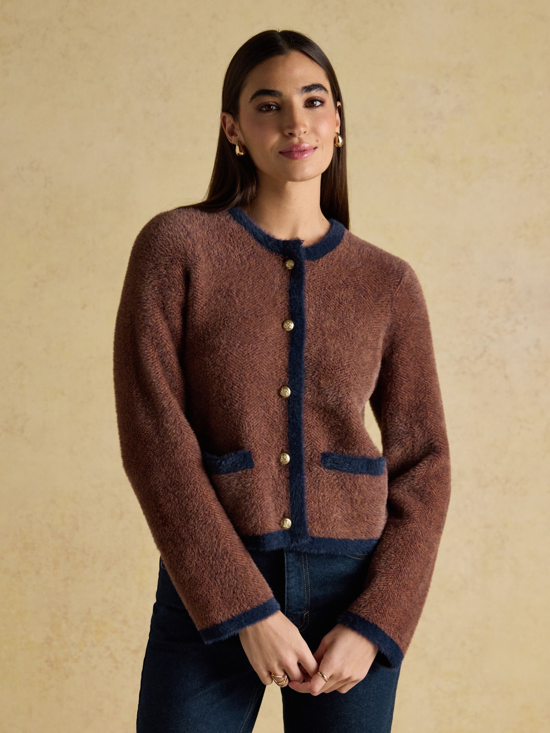 Super Soft Georgia Brown & Navy Herringbone Eyelash Knitted Cardigan - Image 1 of 8