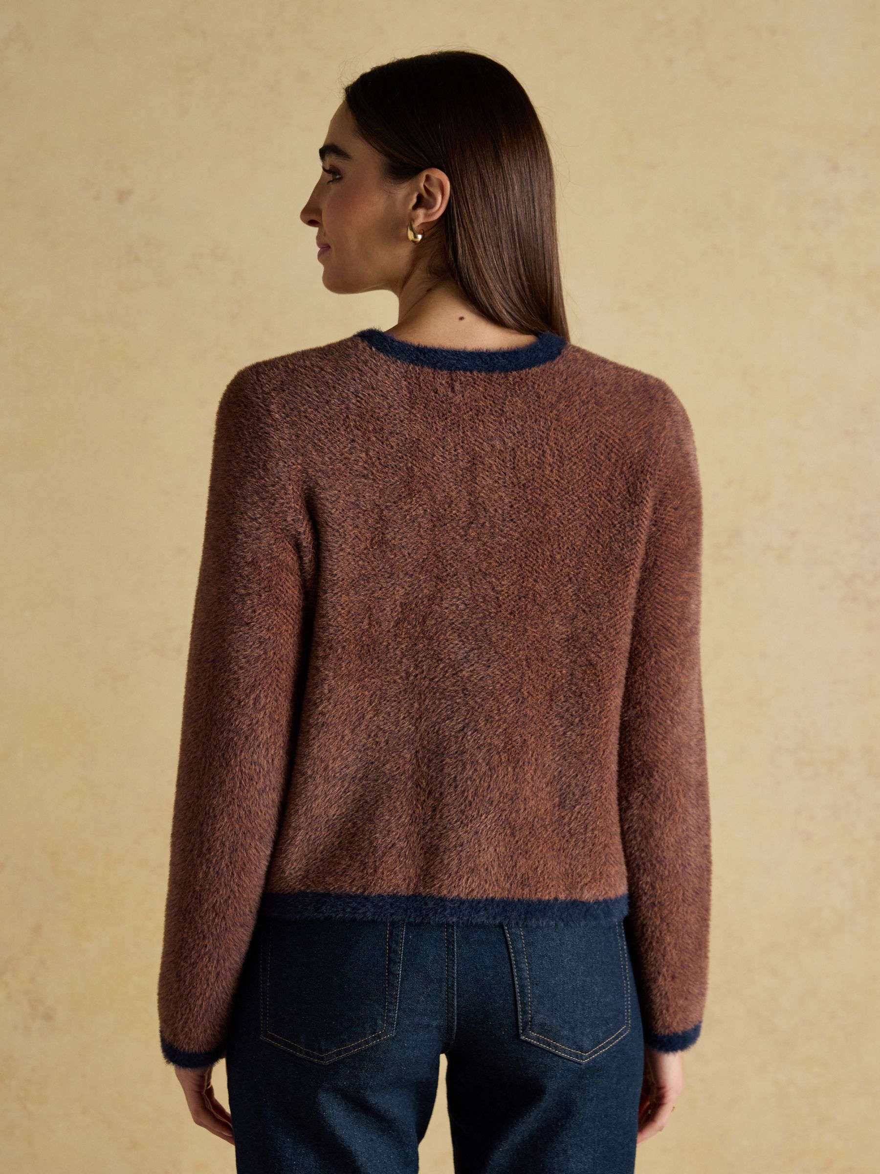 Super Soft Georgia Brown & Navy Herringbone Eyelash Knitted Cardigan - Image 2 of 8