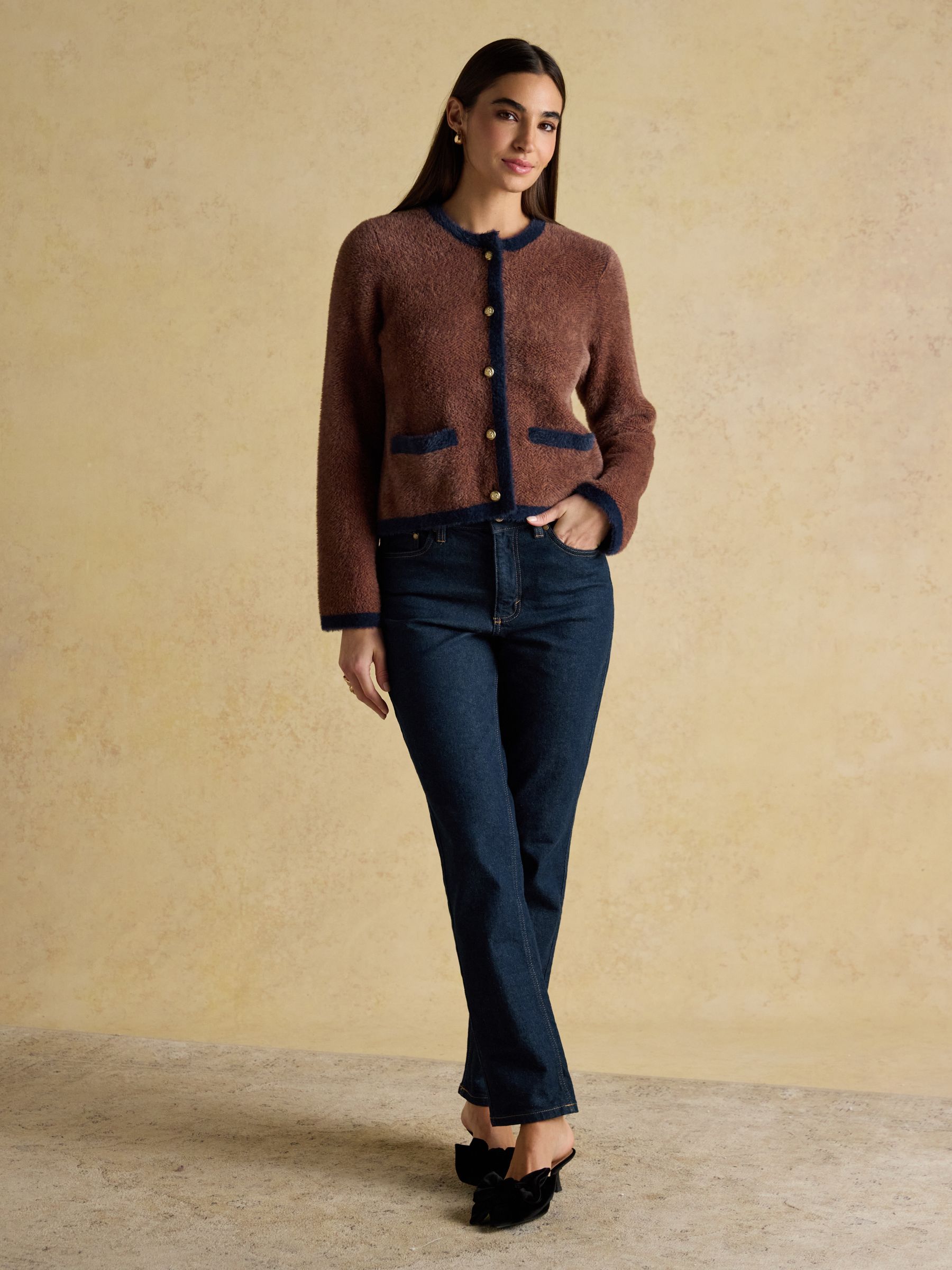 Super Soft Georgia Brown & Navy Herringbone Eyelash Knitted Cardigan - Image 3 of 8